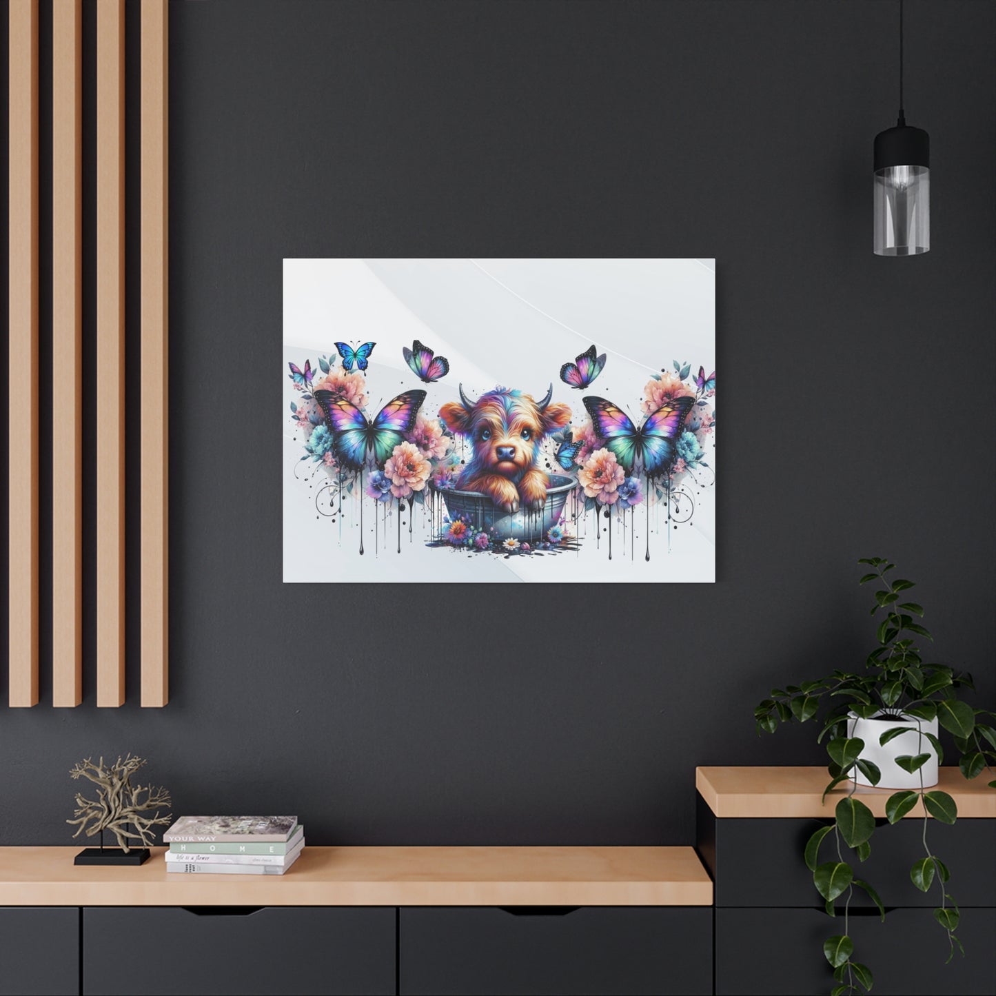 Colorful Highland Cow and Butterfly Canvas Art - Whimsical Home Decor