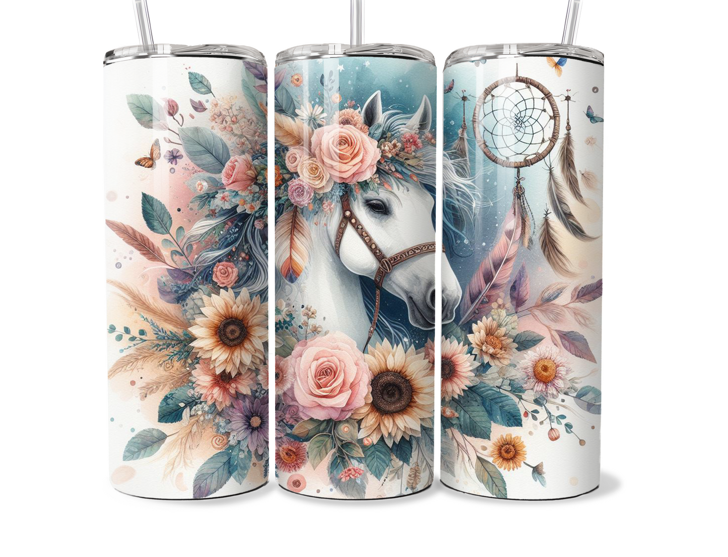 20 oz Metal Tumbler Boho design, sublimation, boho floral Horse