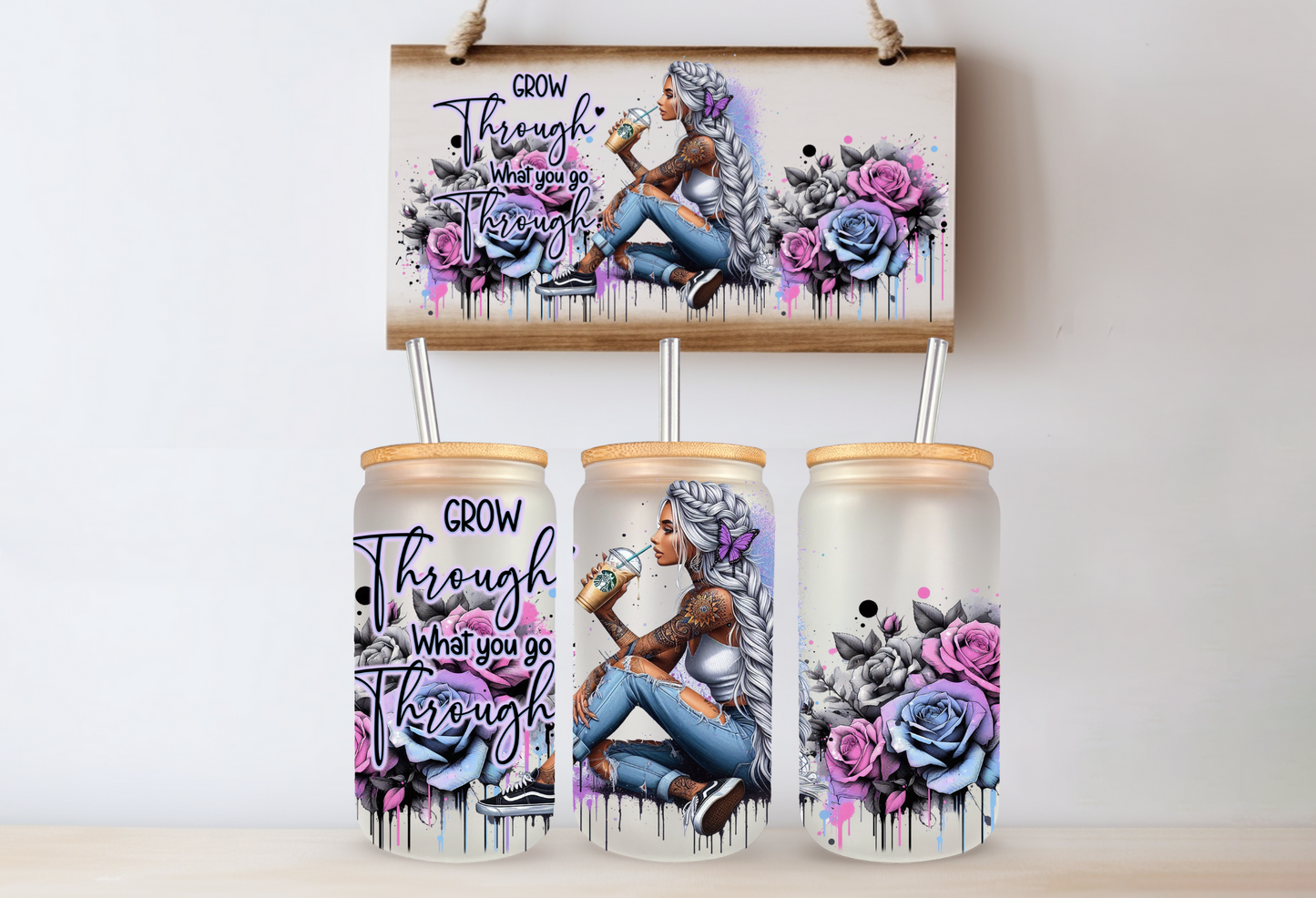 16 oz Frosted/Clear Libbey glass drinking cup-Tattooed girl floral design