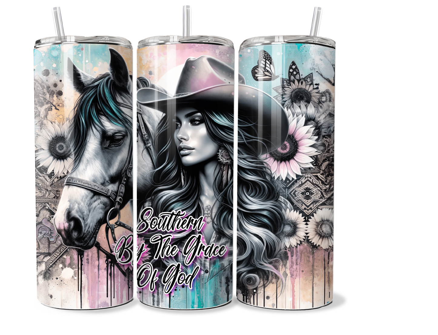 20 oz Insulated Metal Tumbler Country Cowgirl Design,horse, sunflowers