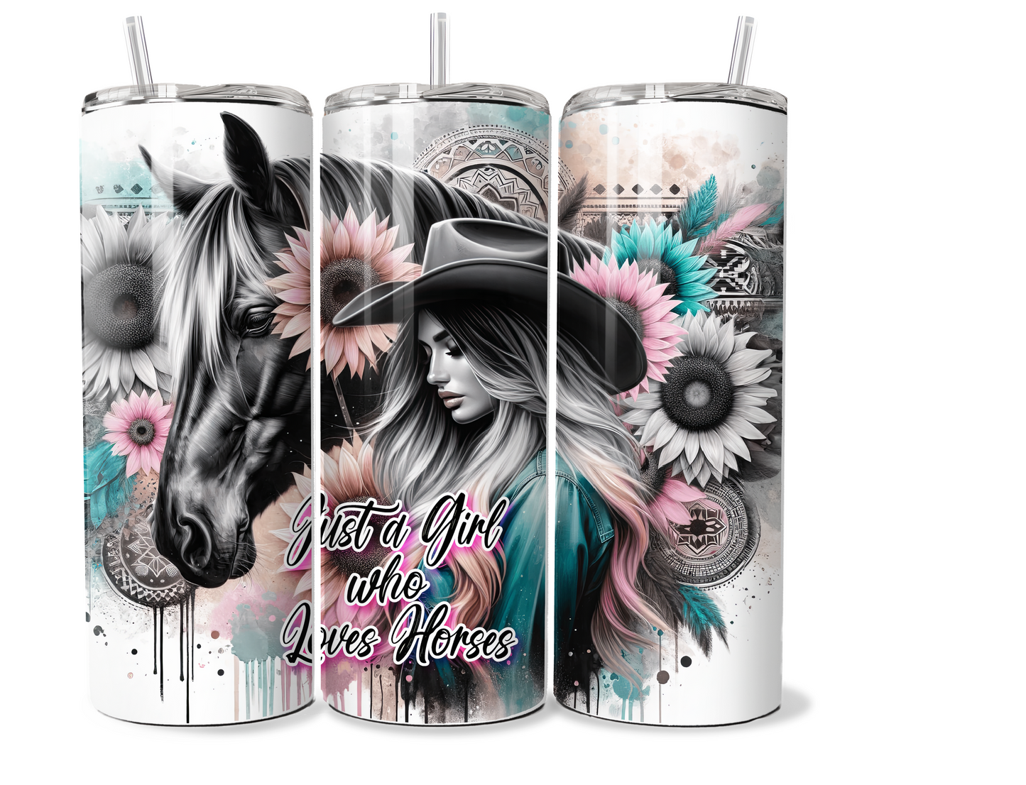 20 oz Insulated Metal Tumbler Country Cowgirl Design,horse, sunflowers