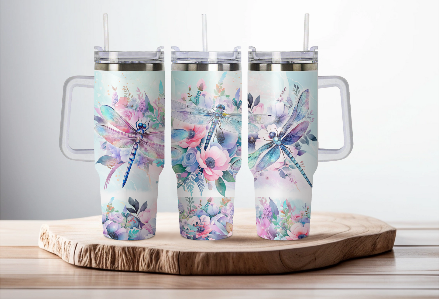 40oz stainless steel double walled Stanley dupe cup with handle-Pastel dragonfly design