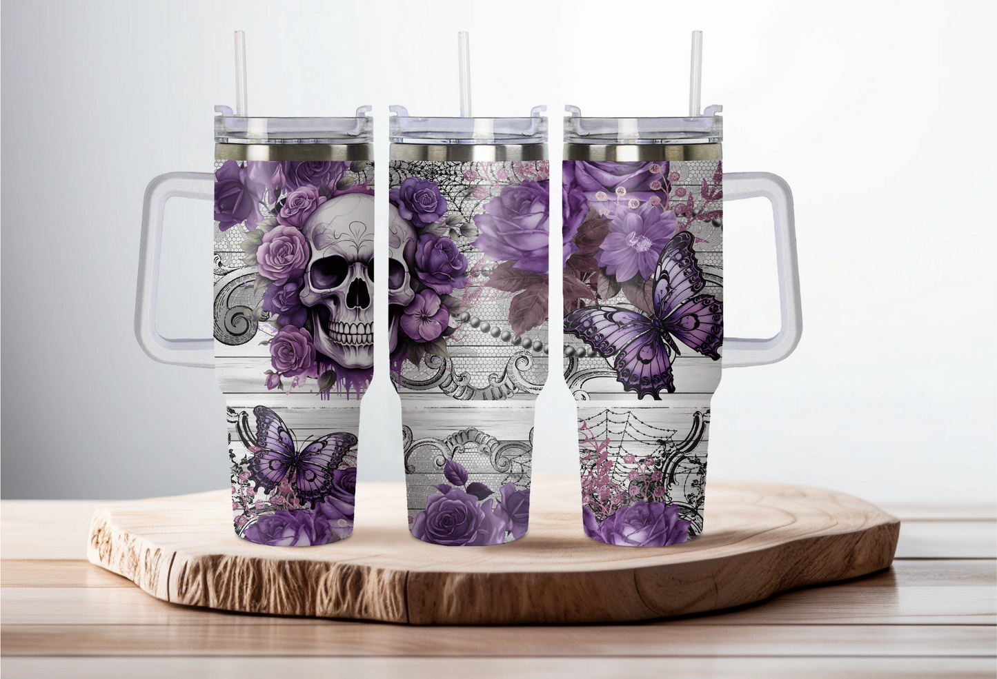 40oz stainless steel double walled Stanley dupe cup with handle-Gothic skull design