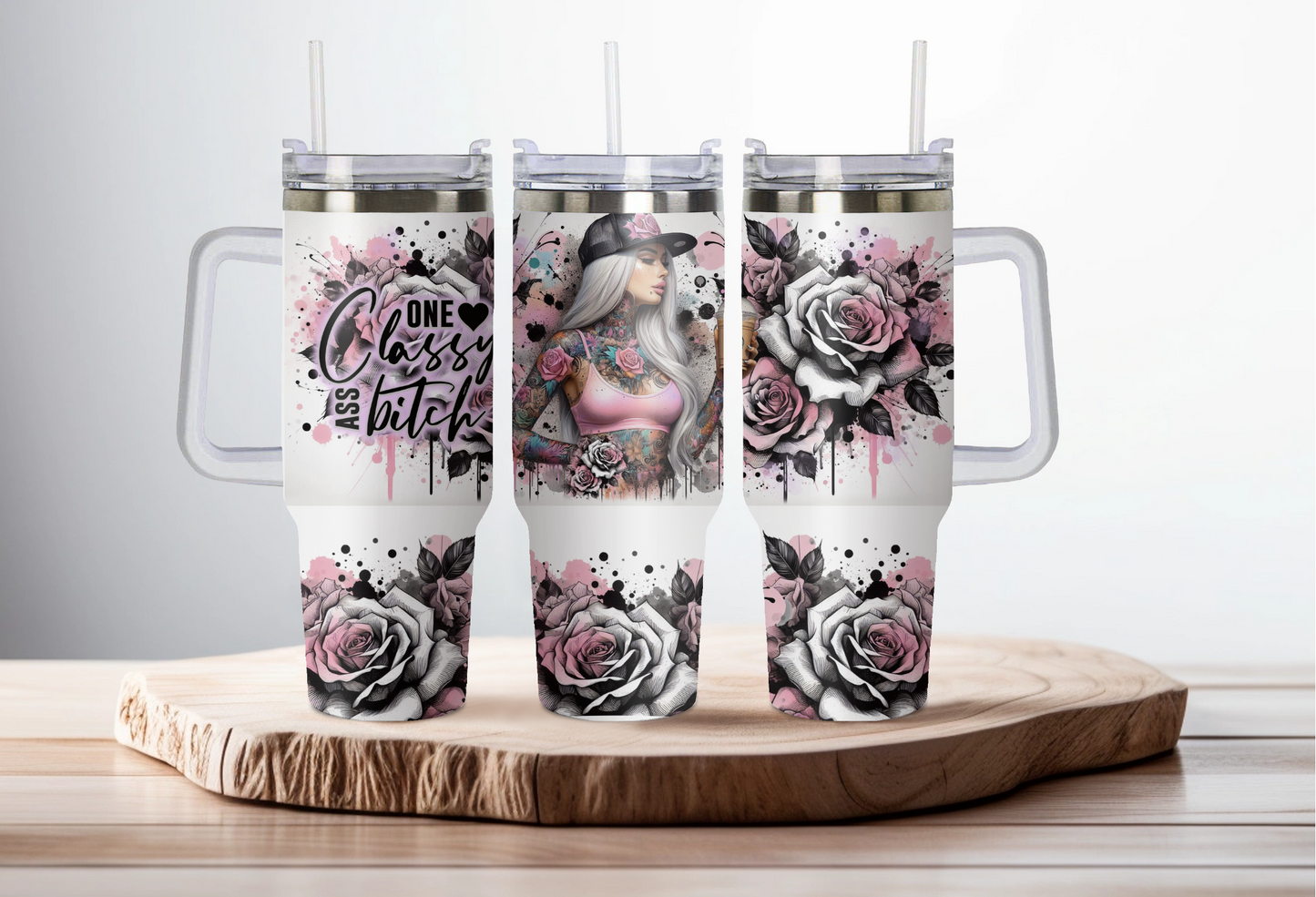 40oz stainless steel double walled Stanley dupe cup with handle-Tattooed girl with quote