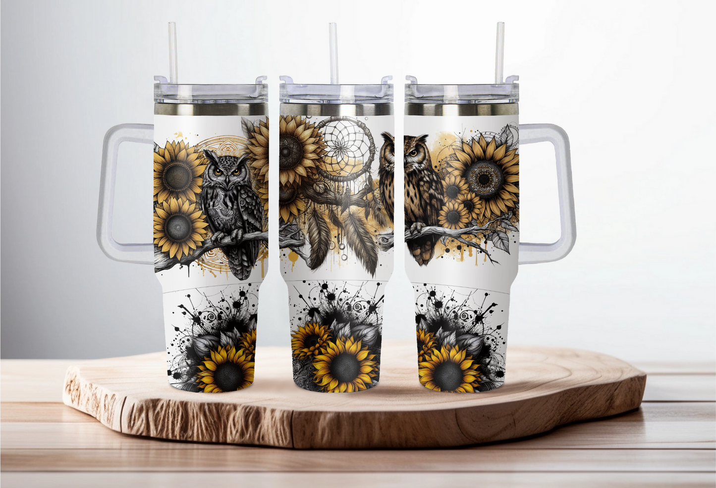 40oz stainless steel double walled Stanley dupe cup with handle-Owl and dreamcatcher design