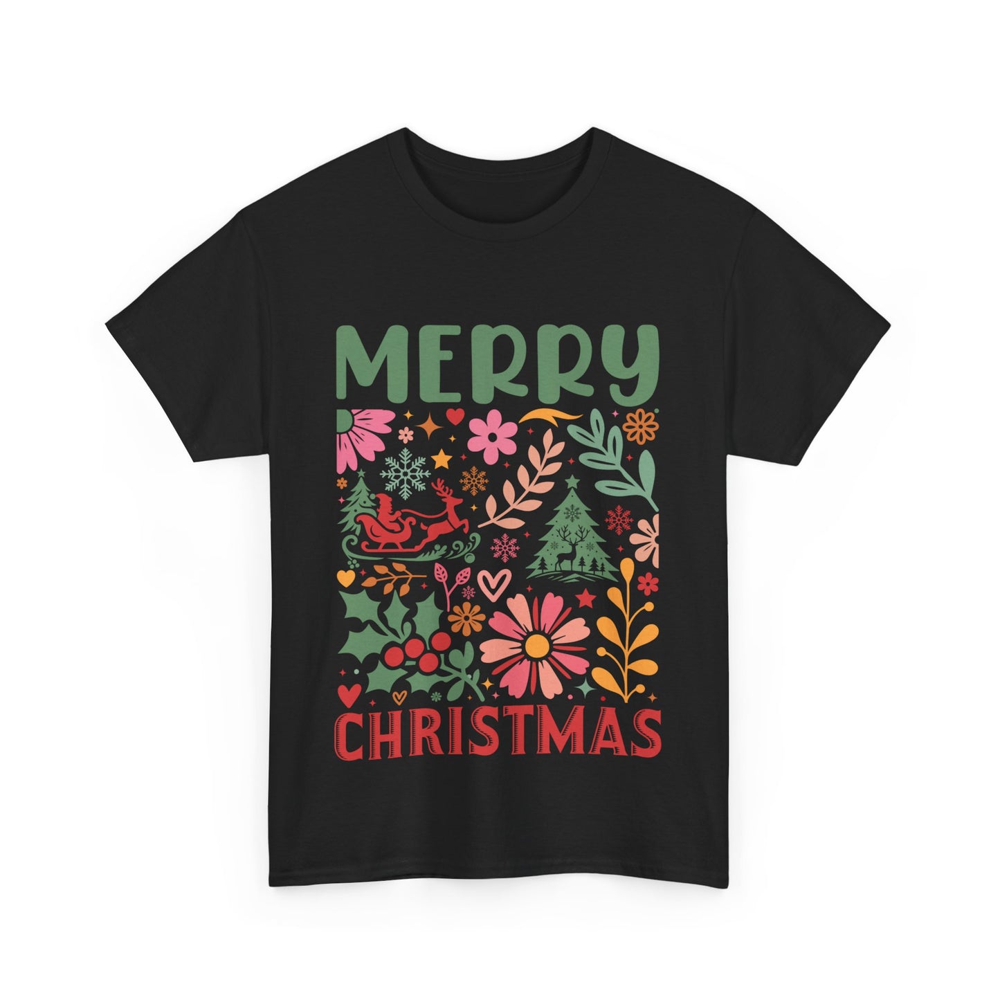 Merry Christmas Unisex Heavy Cotton Tee - Festive Floral Design