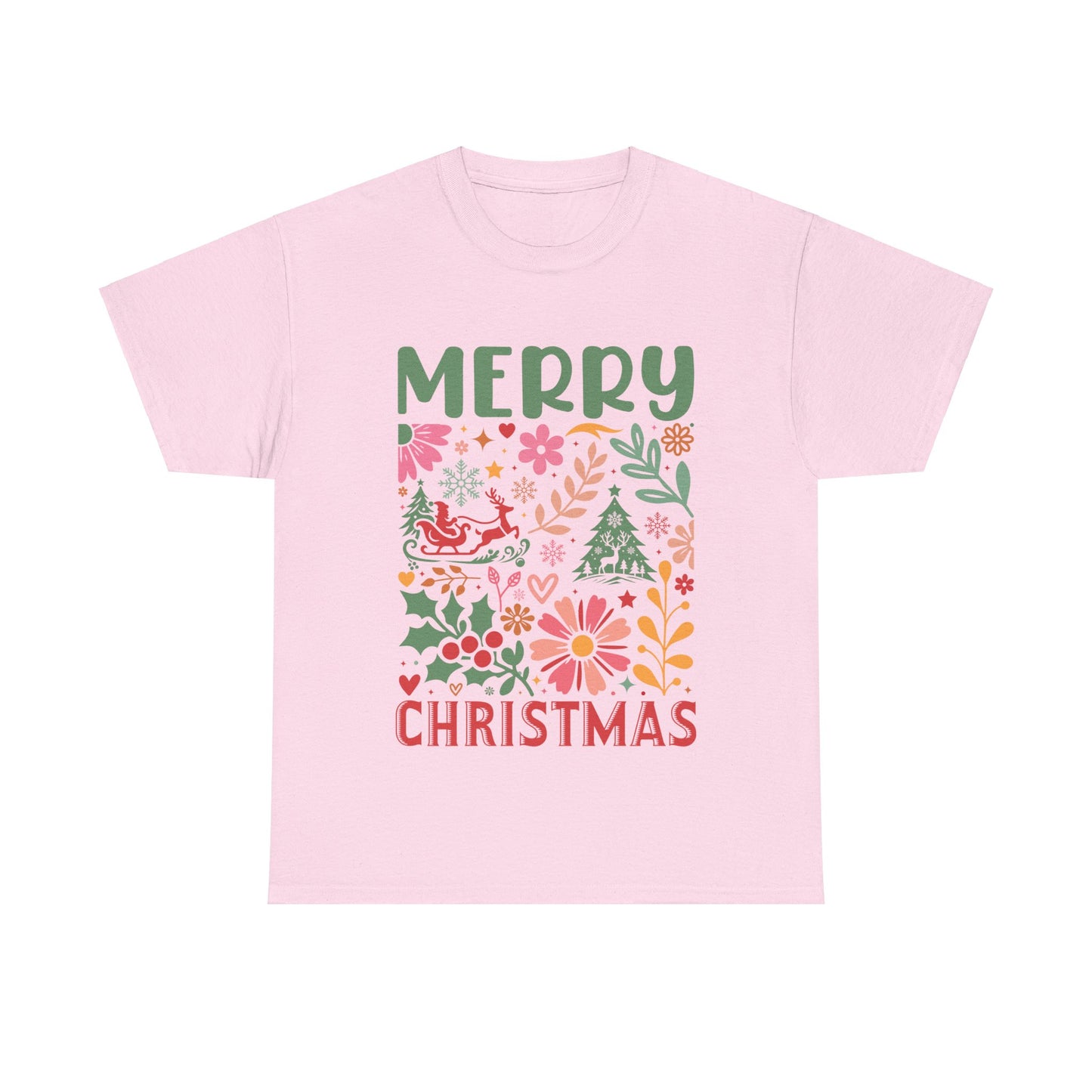 Merry Christmas Unisex Heavy Cotton Tee - Festive Floral Design