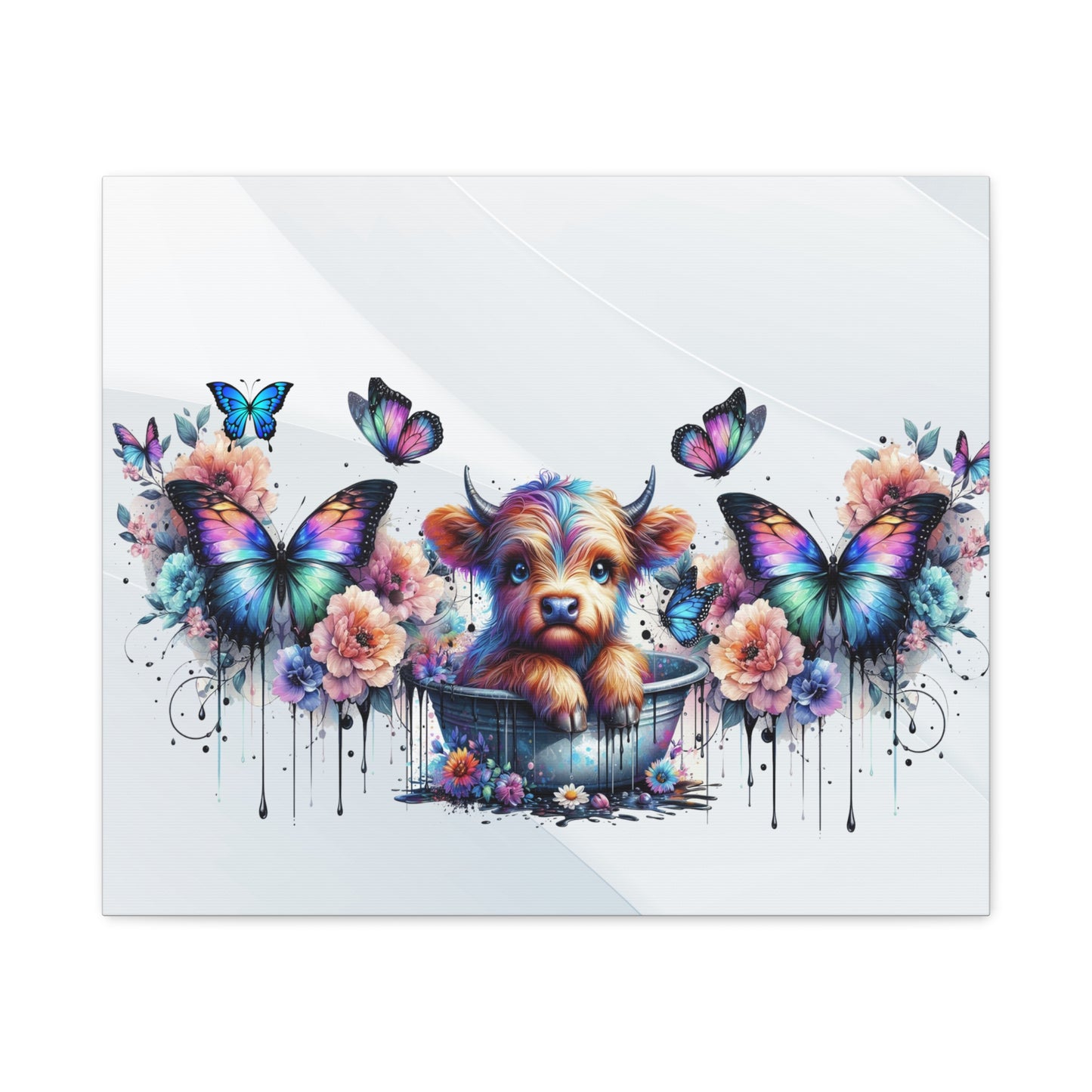 Colorful Highland Cow and Butterfly Canvas Art - Whimsical Home Decor