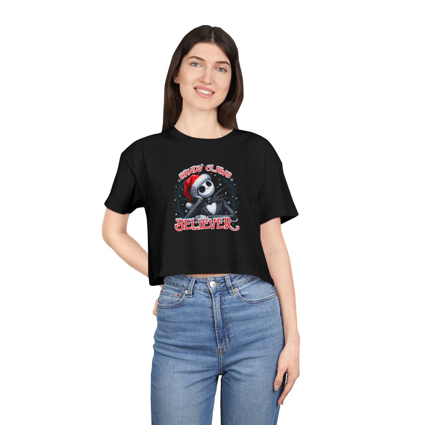 Festive Women's Crop Tee - 'Sandy Claws Believer'