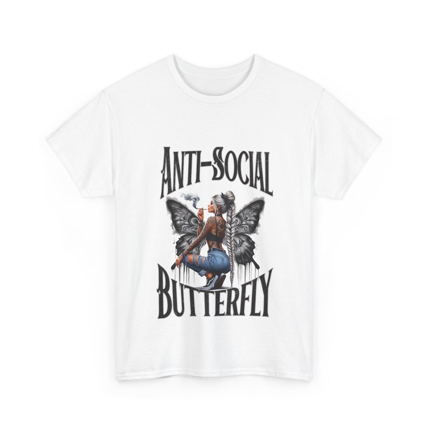 Anti-Social Butterfly Unisex Heavy Cotton Tee - Bold Pink Graphic Tee