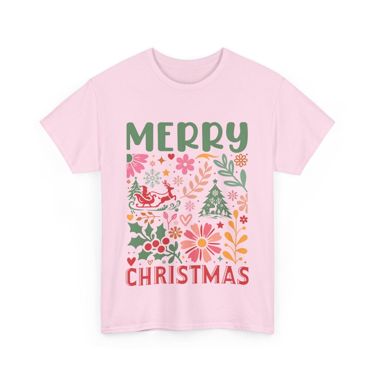 Merry Christmas Unisex Heavy Cotton Tee - Festive Floral Design