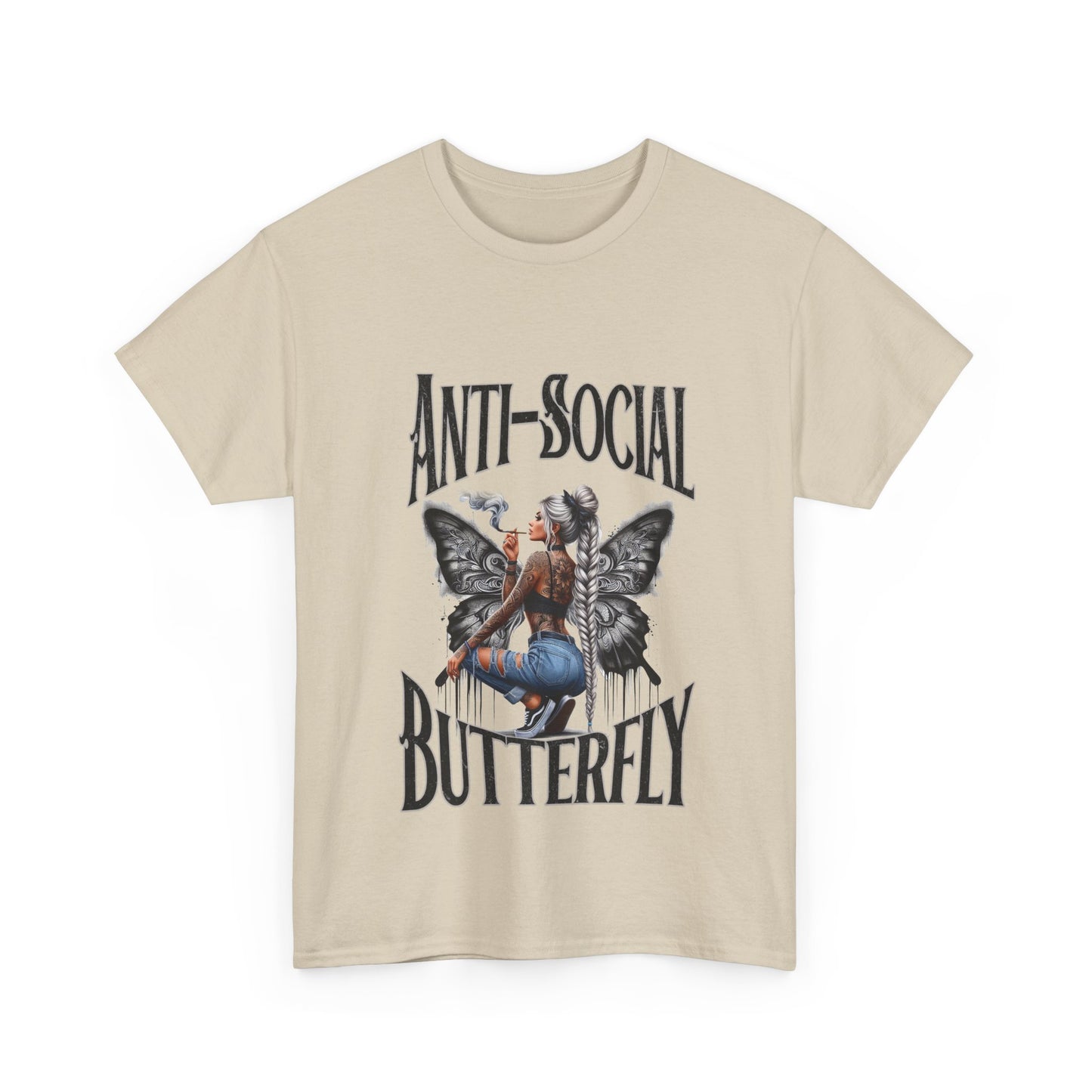 Anti-Social Butterfly Unisex Heavy Cotton Tee - Bold Pink Graphic Tee