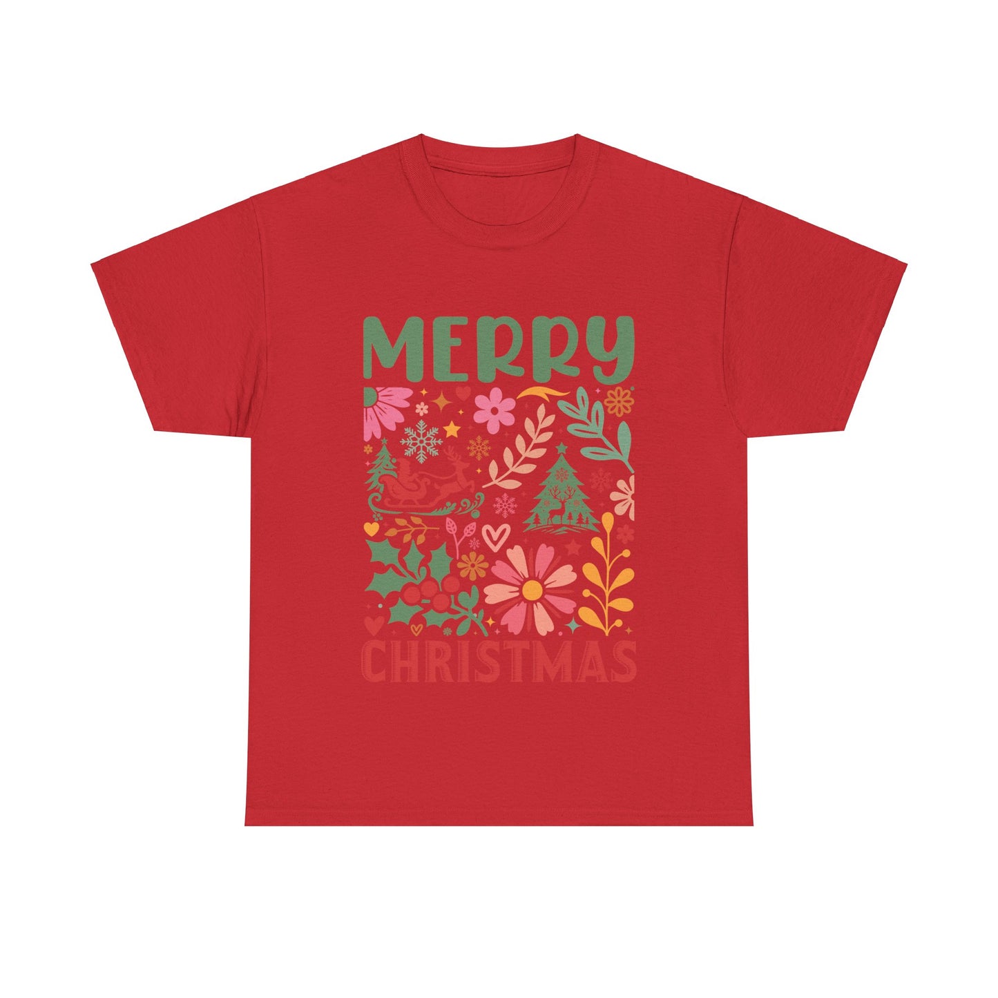 Merry Christmas Unisex Heavy Cotton Tee - Festive Floral Design