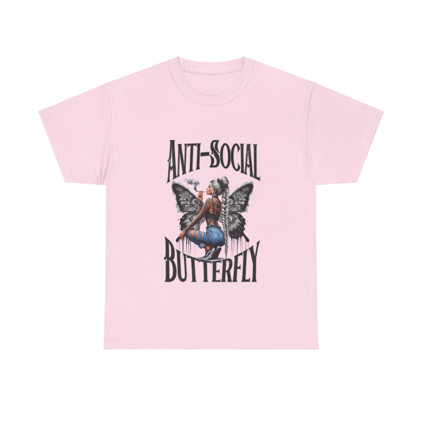 Anti-Social Butterfly Unisex Heavy Cotton Tee - Bold Pink Graphic Tee