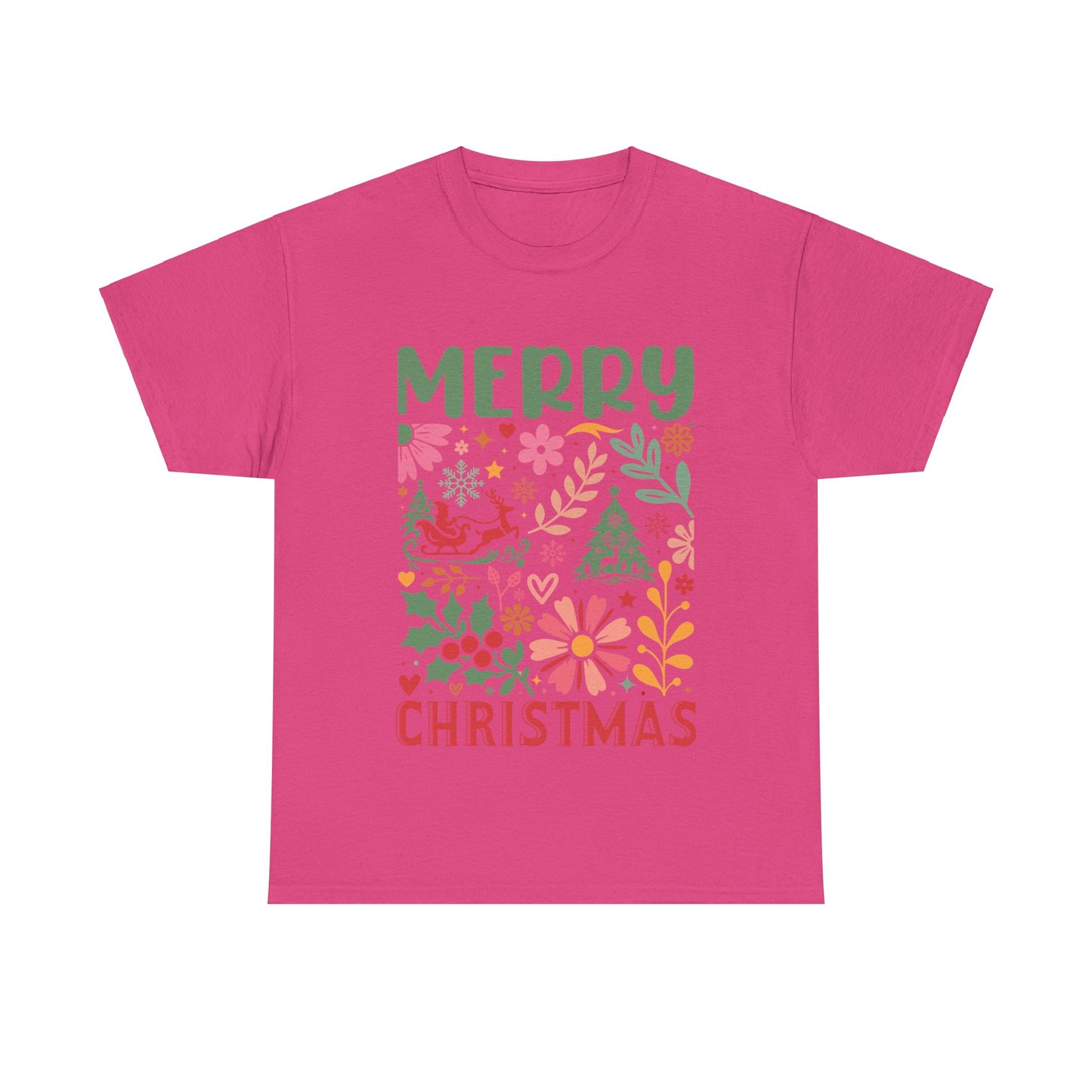 Merry Christmas Unisex Heavy Cotton Tee - Festive Floral Design