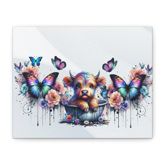 Colorful Highland Cow and Butterfly Canvas Art - Whimsical Home Decor