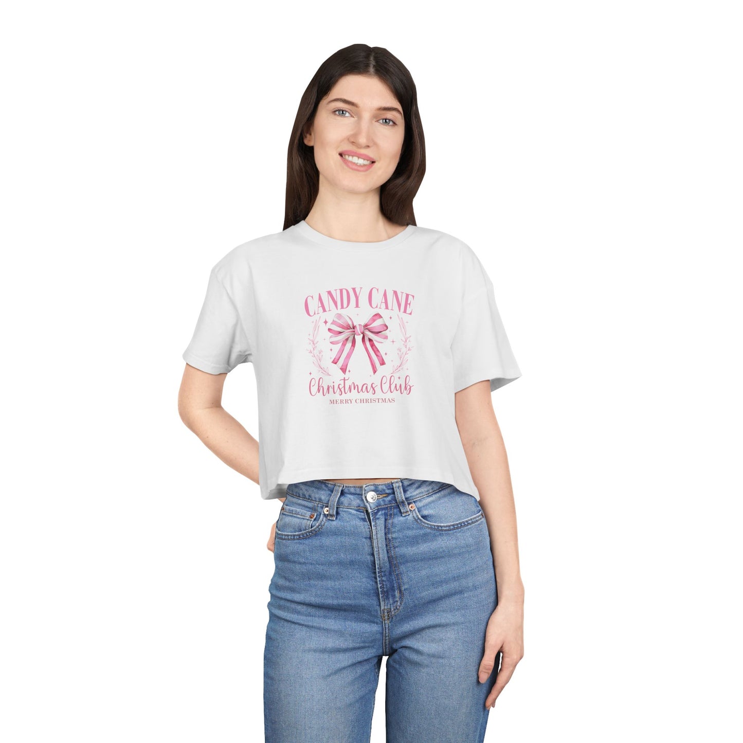 Women's Christmas Crop Tee - Candy Cane Club Tee for Holiday Cheer