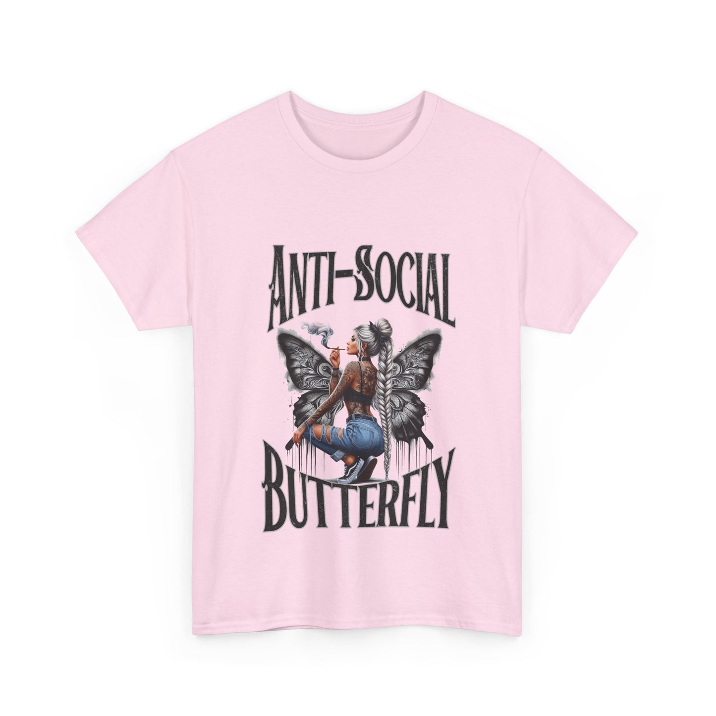 Anti-Social Butterfly Unisex Heavy Cotton Tee - Bold Pink Graphic Tee