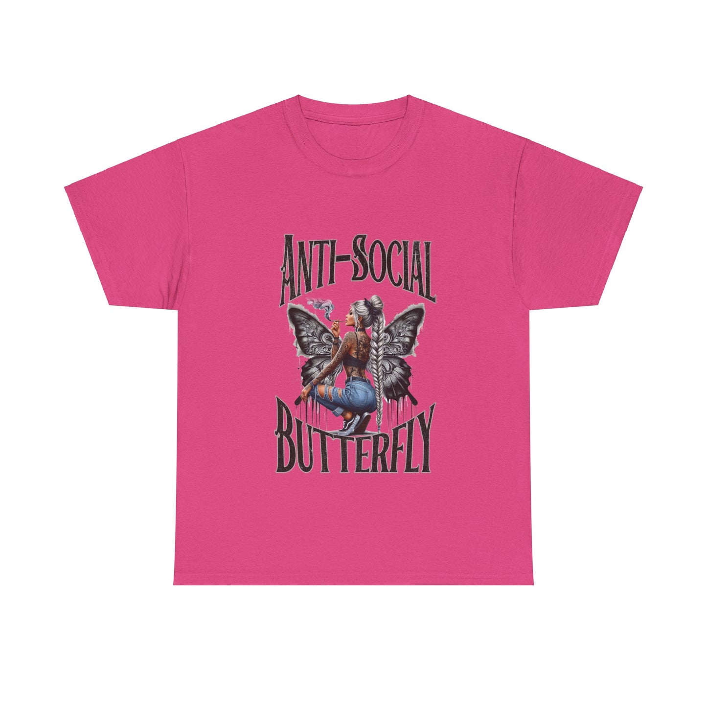 Anti-Social Butterfly Unisex Heavy Cotton Tee - Bold Pink Graphic Tee