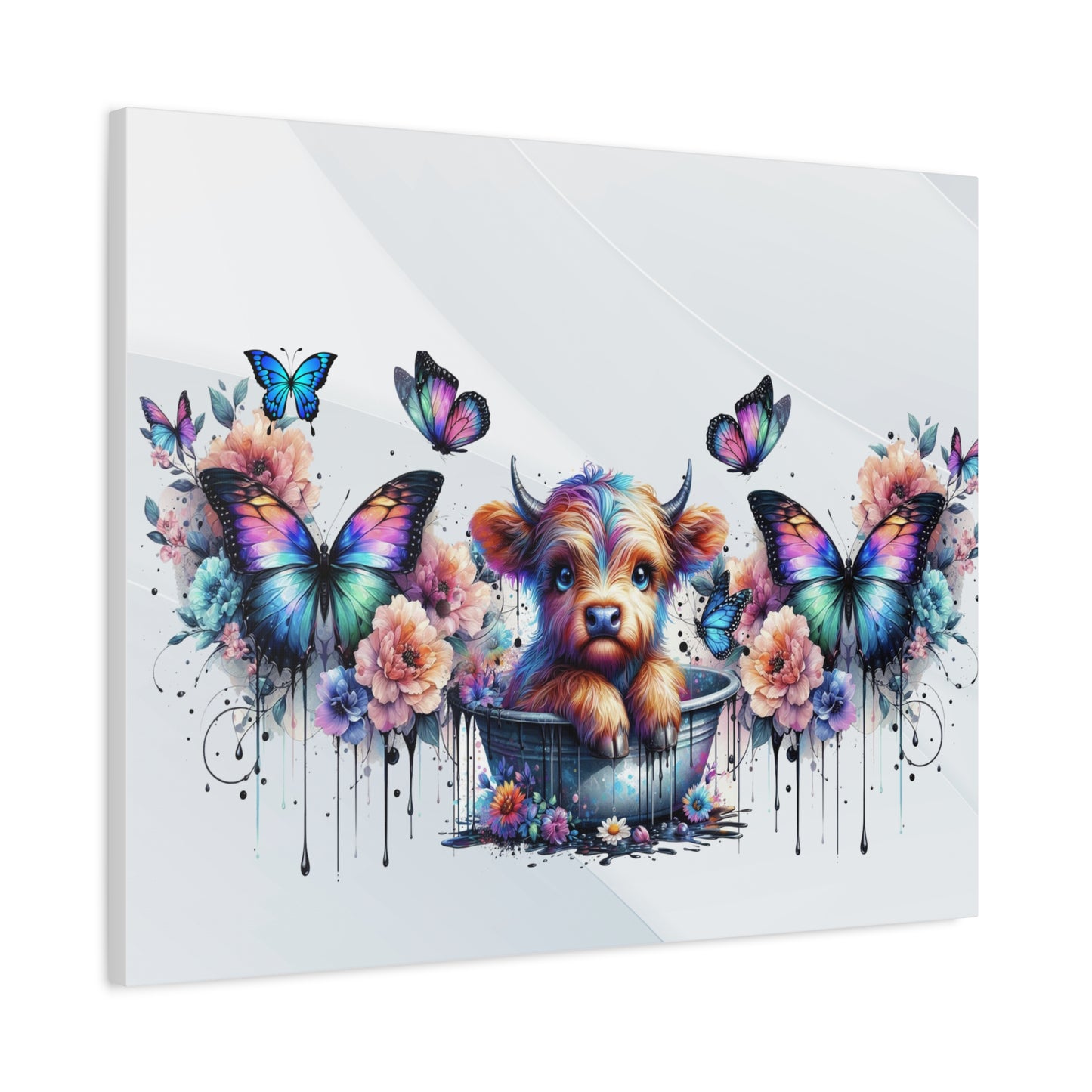 Colorful Highland Cow and Butterfly Canvas Art - Whimsical Home Decor