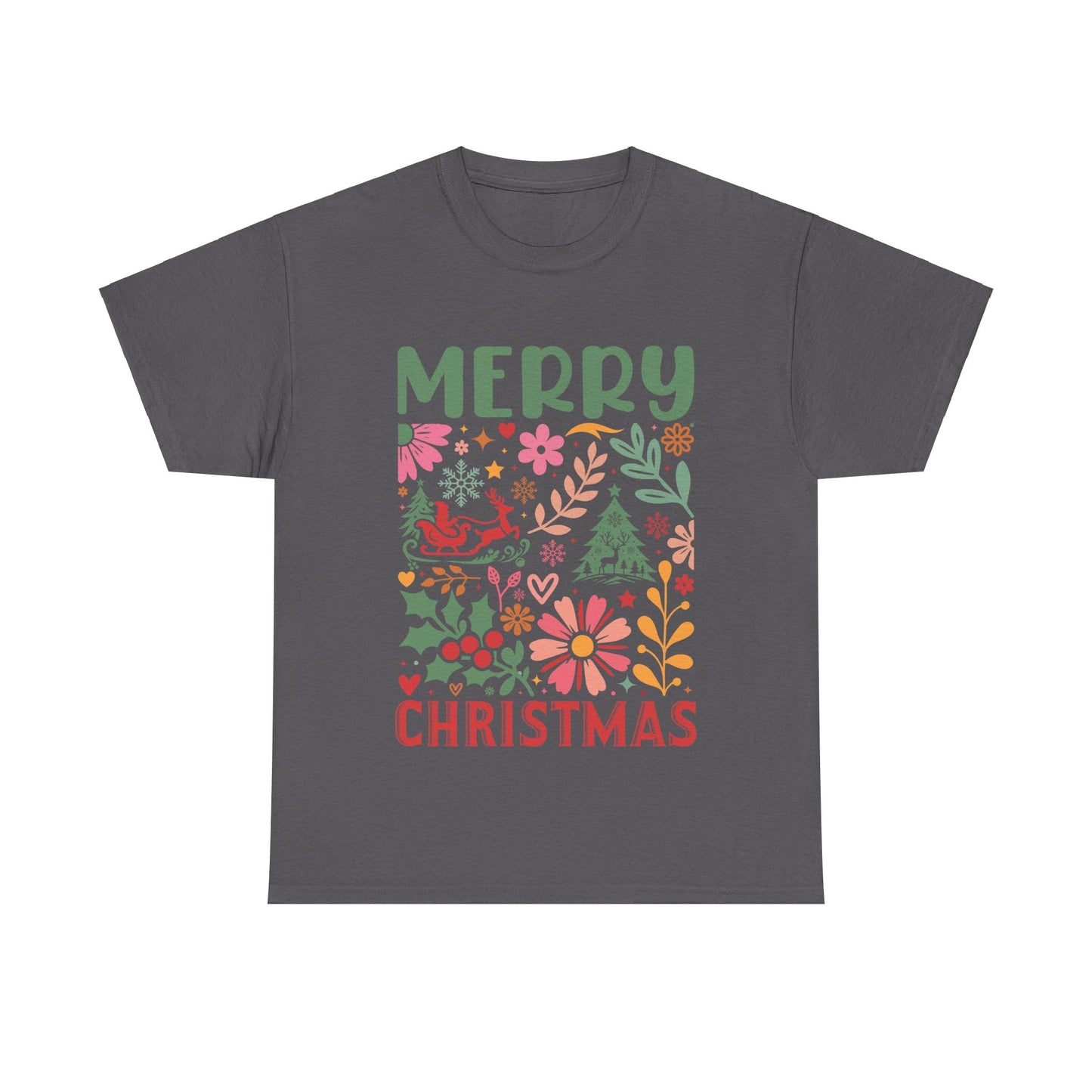 Merry Christmas Unisex Heavy Cotton Tee - Festive Floral Design