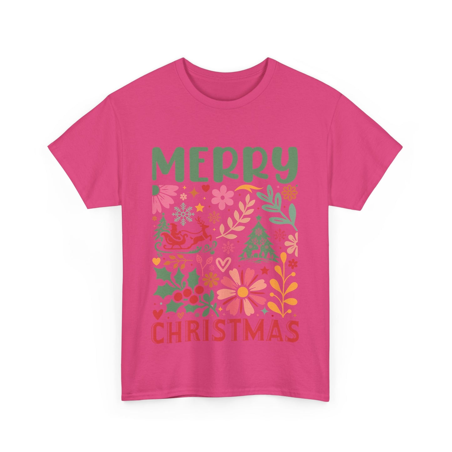 Merry Christmas Unisex Heavy Cotton Tee - Festive Floral Design