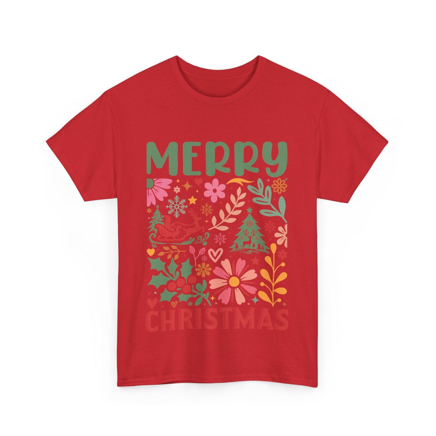 Merry Christmas Unisex Heavy Cotton Tee - Festive Floral Design