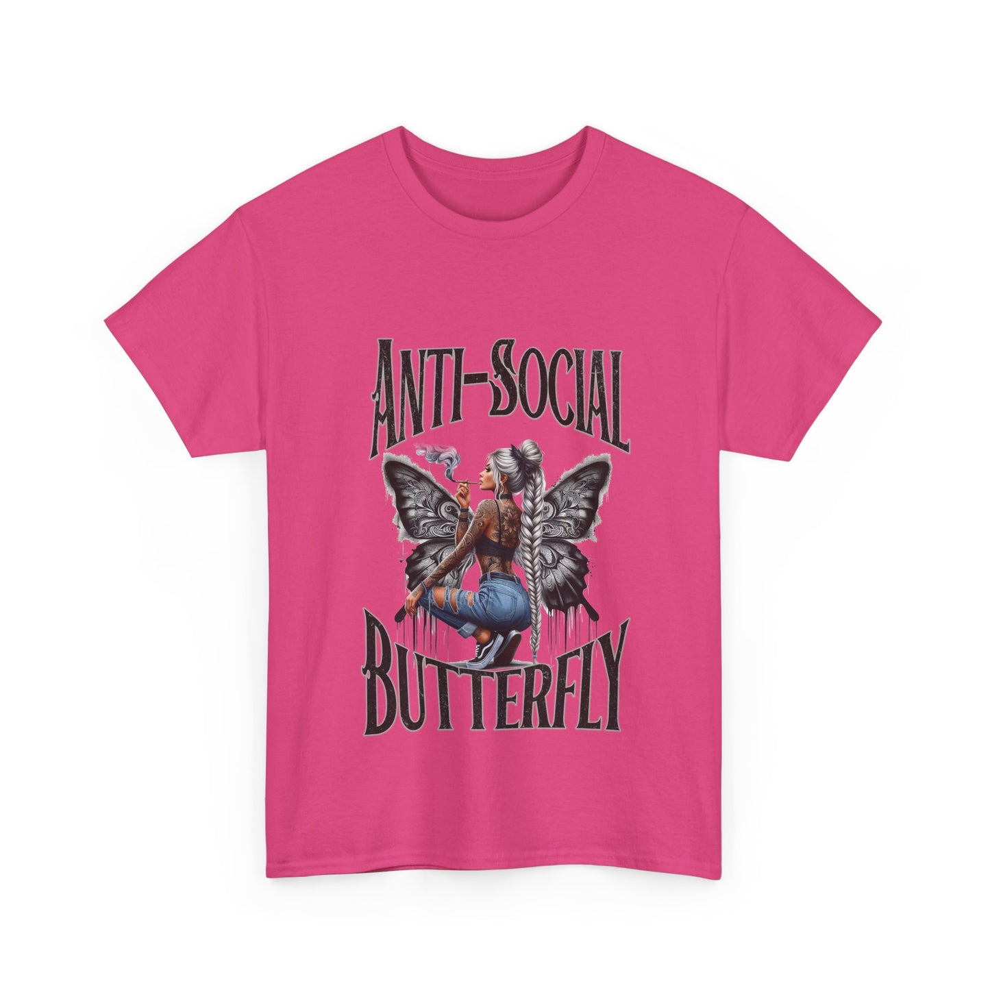 Anti-Social Butterfly Unisex Heavy Cotton Tee - Bold Pink Graphic Tee