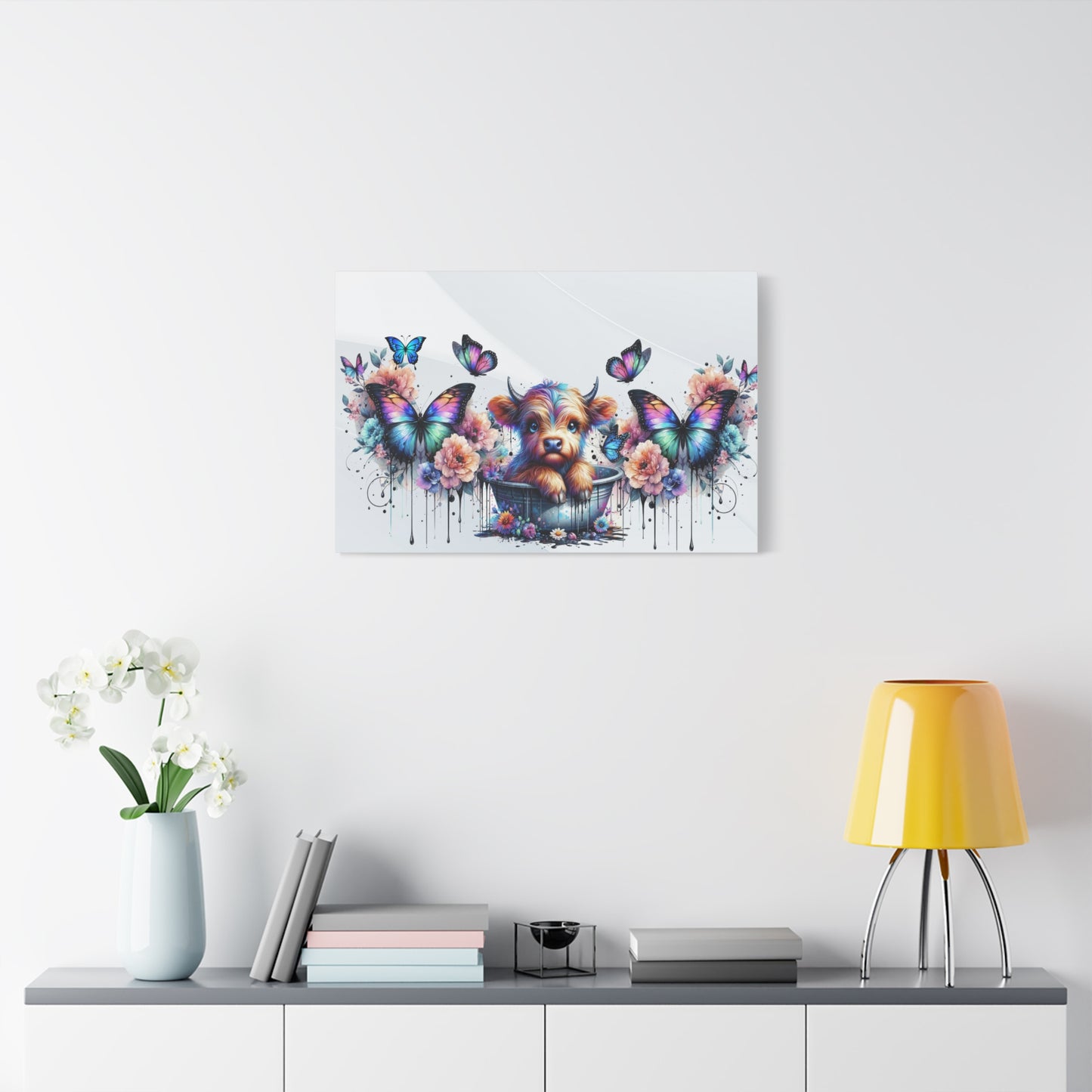 Colorful Highland Cow and Butterfly Canvas Art - Whimsical Home Decor