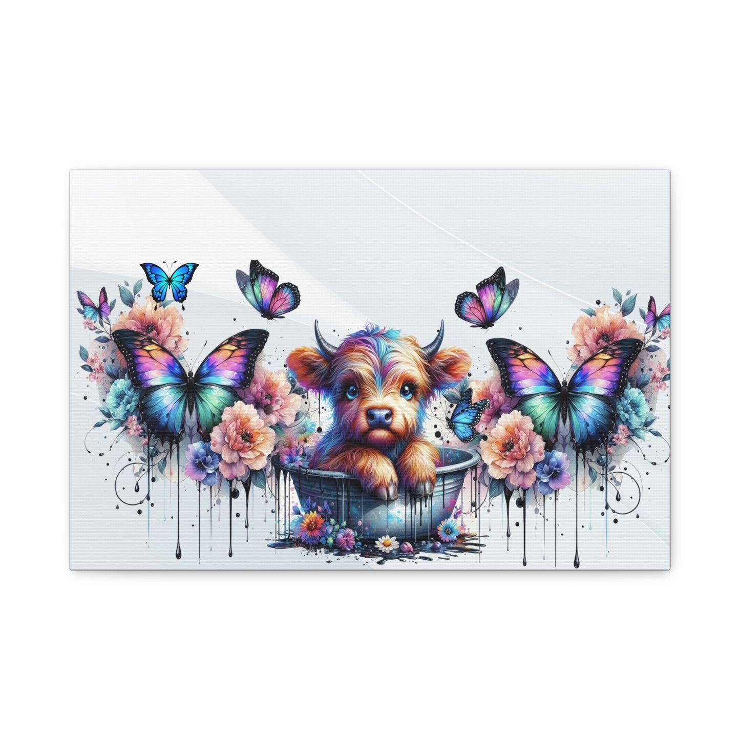 Colorful Highland Cow and Butterfly Canvas Art - Whimsical Home Decor