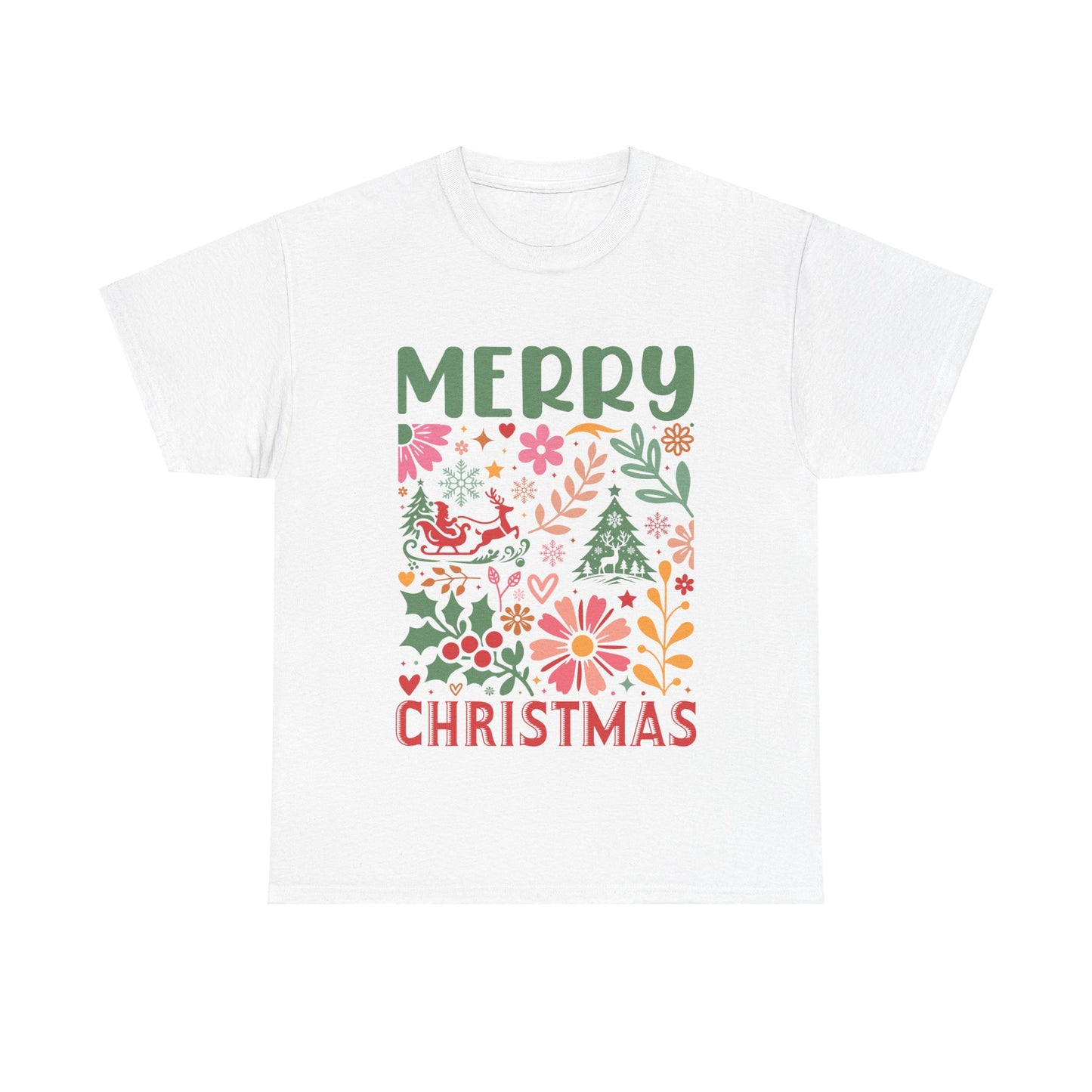 Merry Christmas Unisex Heavy Cotton Tee - Festive Floral Design