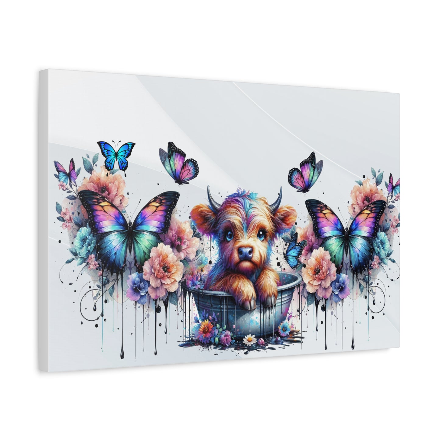 Colorful Highland Cow and Butterfly Canvas Art - Whimsical Home Decor