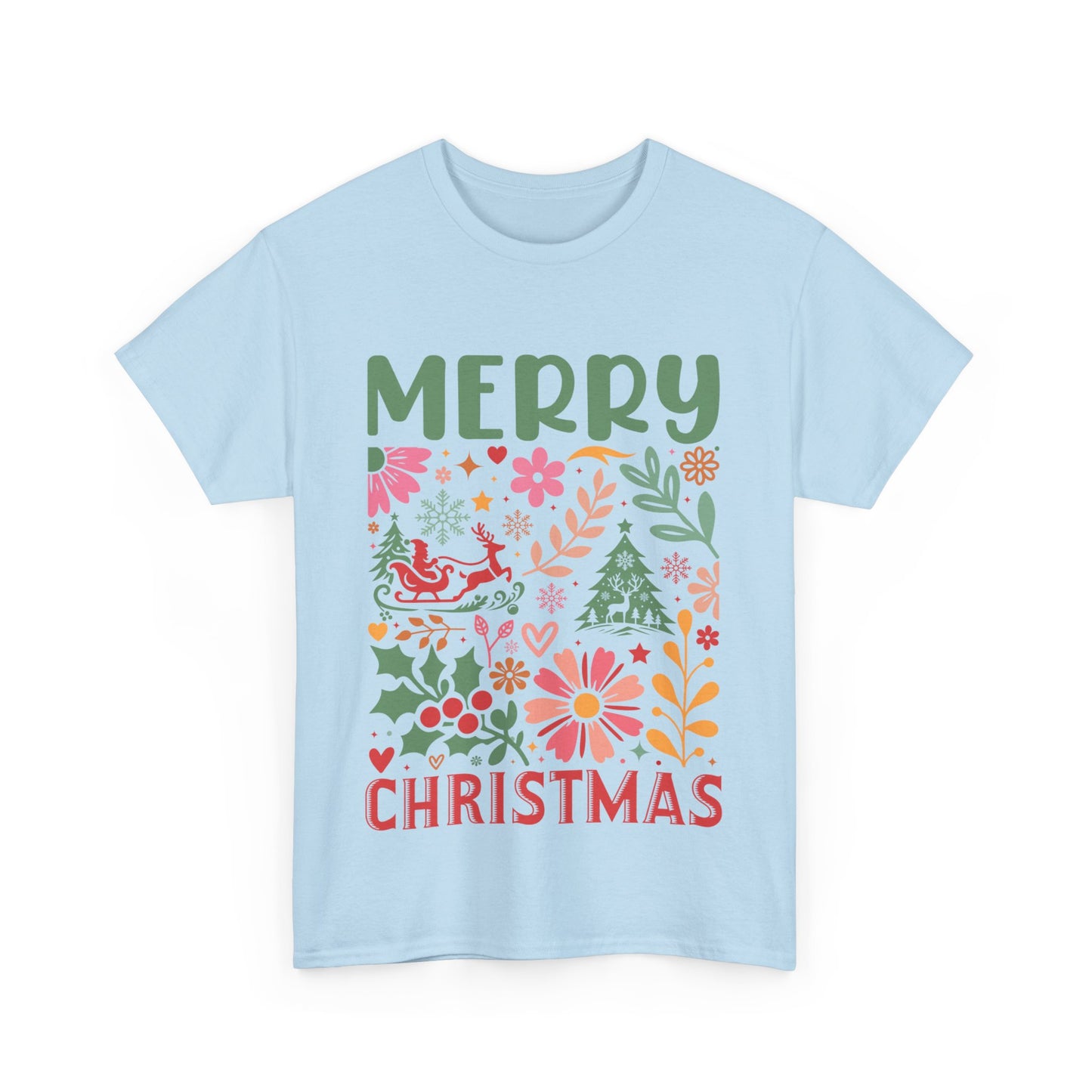 Merry Christmas Unisex Heavy Cotton Tee - Festive Floral Design