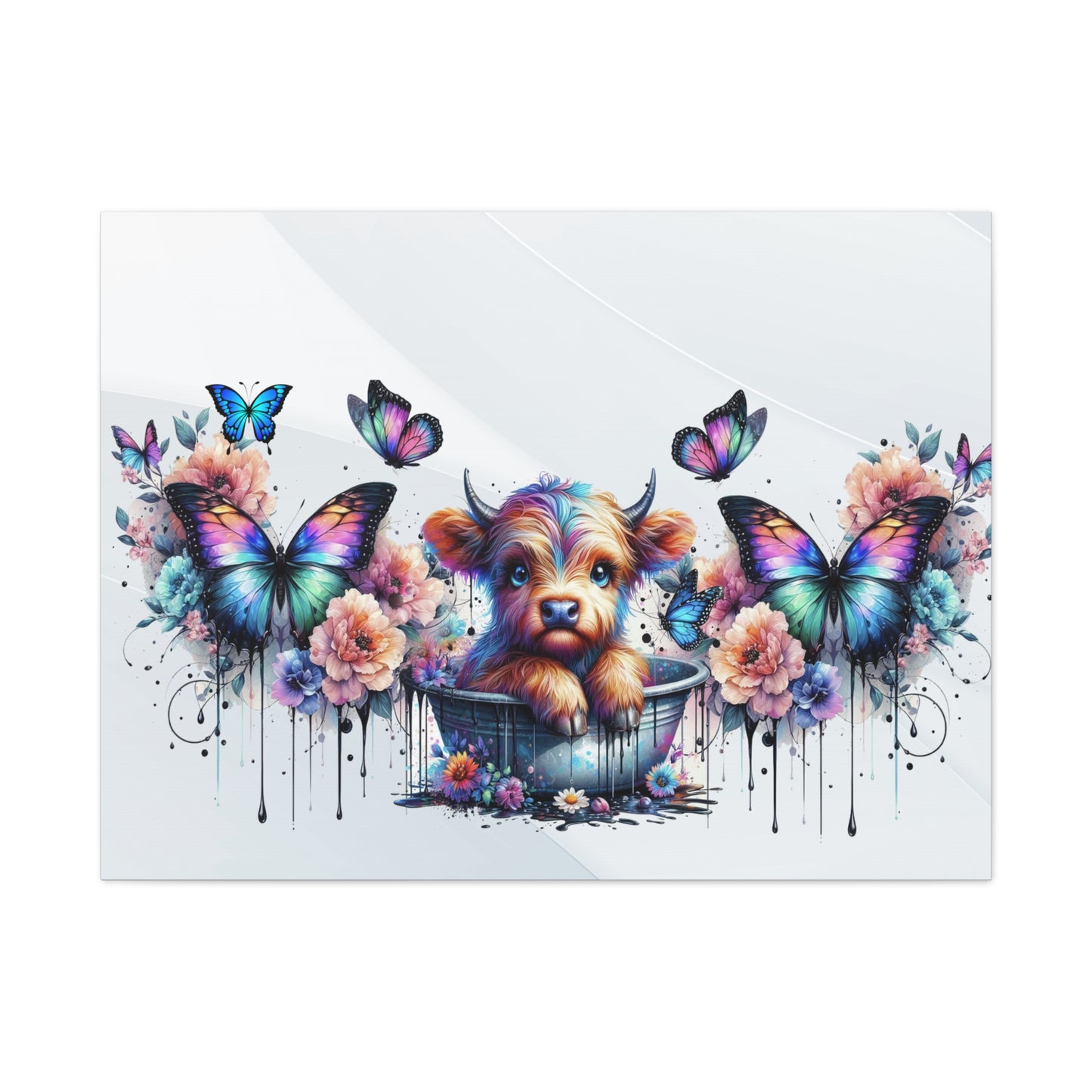 Colorful Highland Cow and Butterfly Canvas Art - Whimsical Home Decor