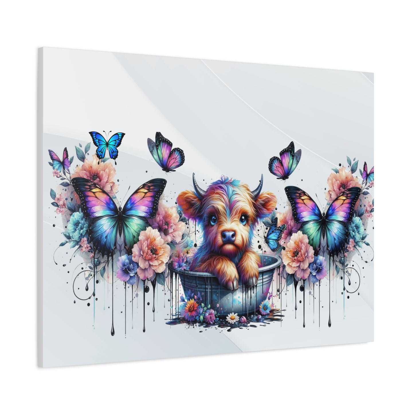 Colorful Highland Cow and Butterfly Canvas Art - Whimsical Home Decor