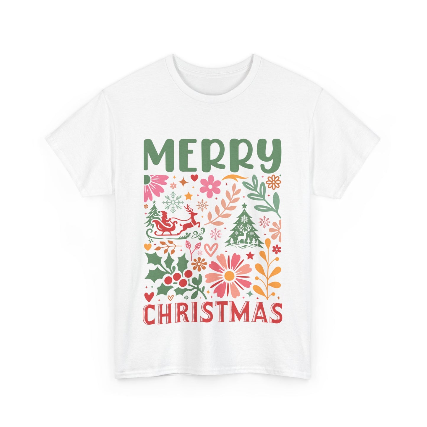 Merry Christmas Unisex Heavy Cotton Tee - Festive Floral Design