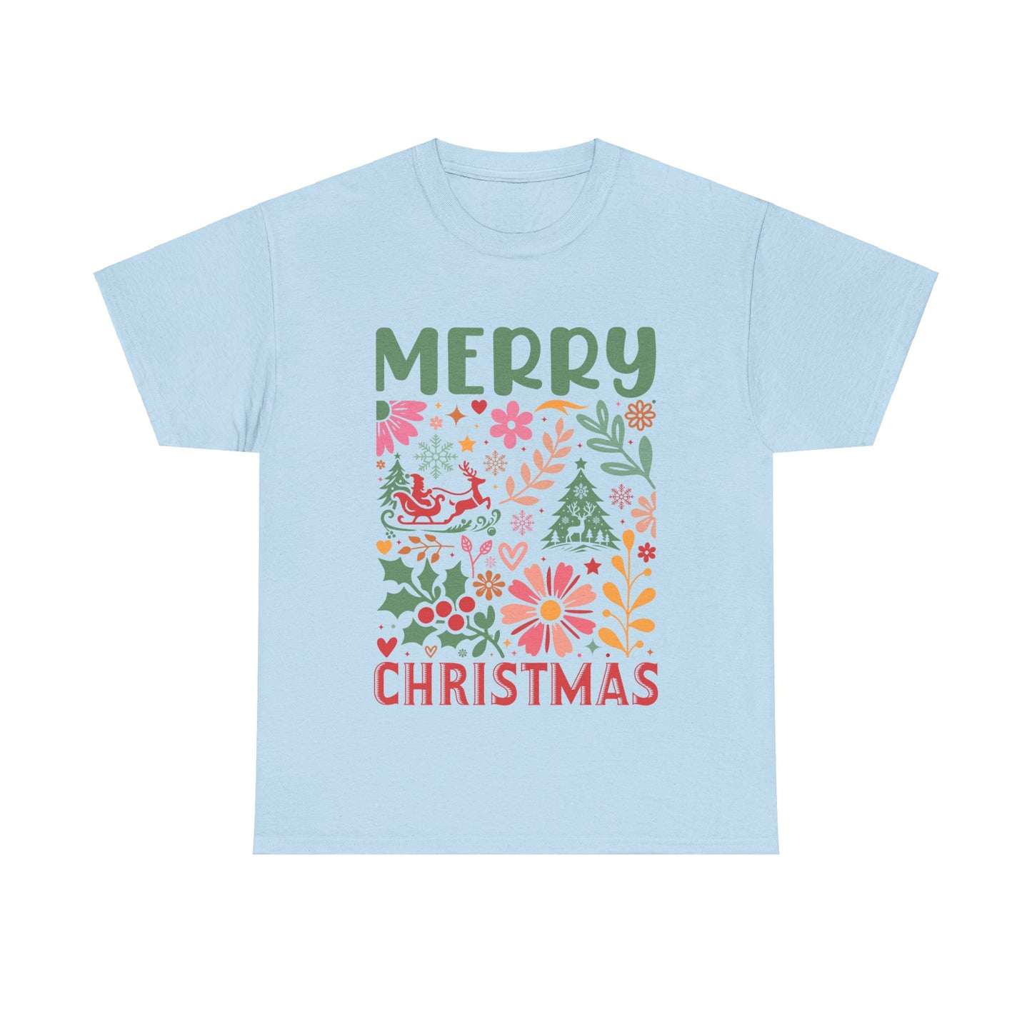 Merry Christmas Unisex Heavy Cotton Tee - Festive Floral Design