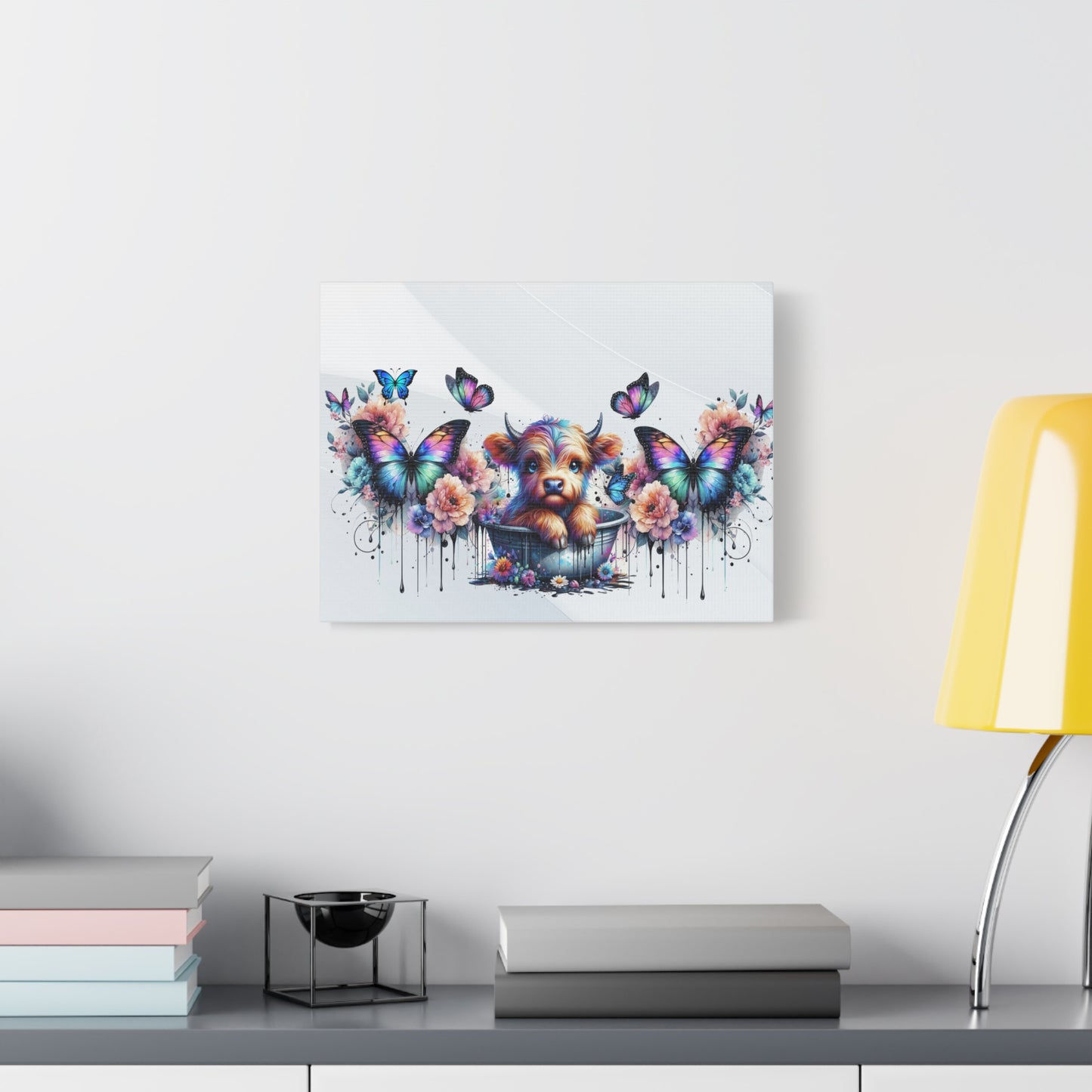 Colorful Highland Cow and Butterfly Canvas Art - Whimsical Home Decor