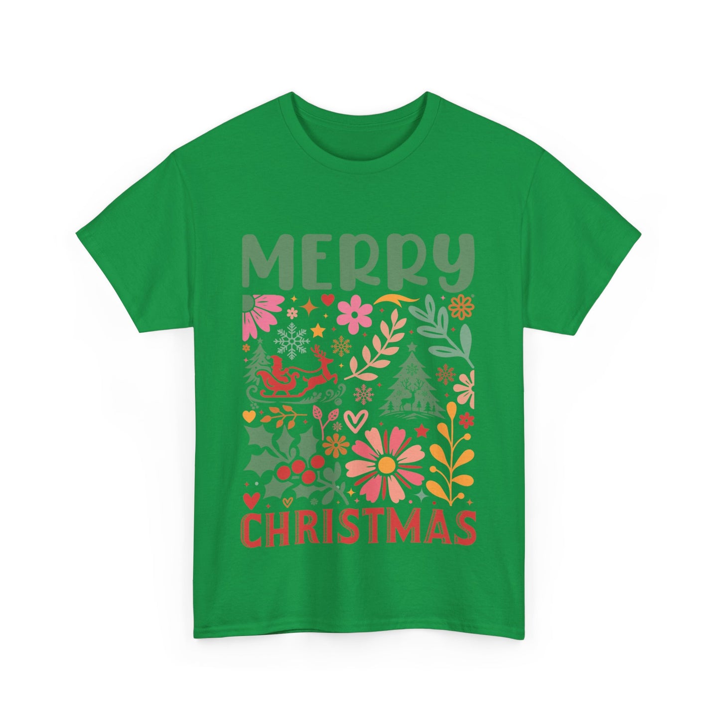 Merry Christmas Unisex Heavy Cotton Tee - Festive Floral Design