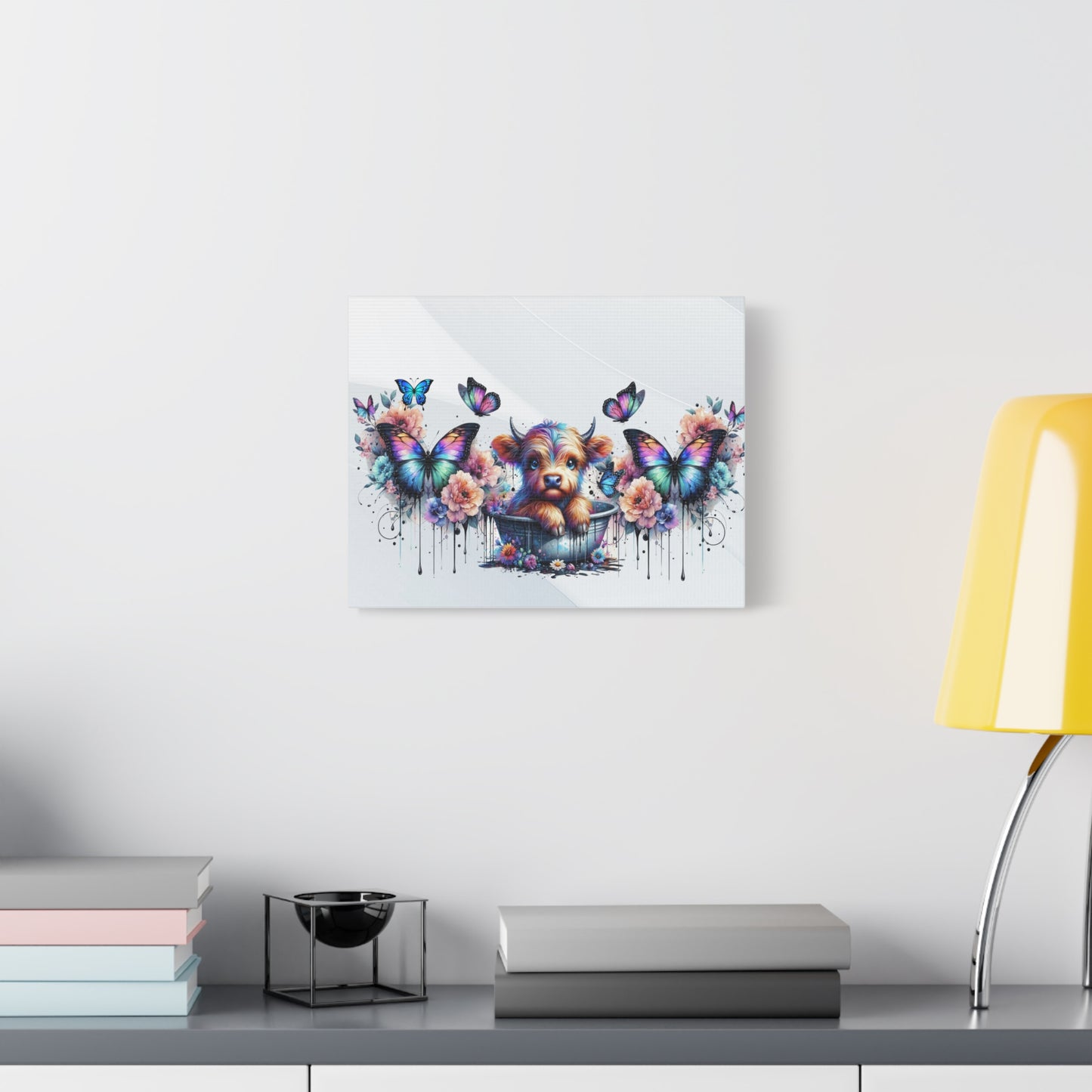 Colorful Highland Cow and Butterfly Canvas Art - Whimsical Home Decor