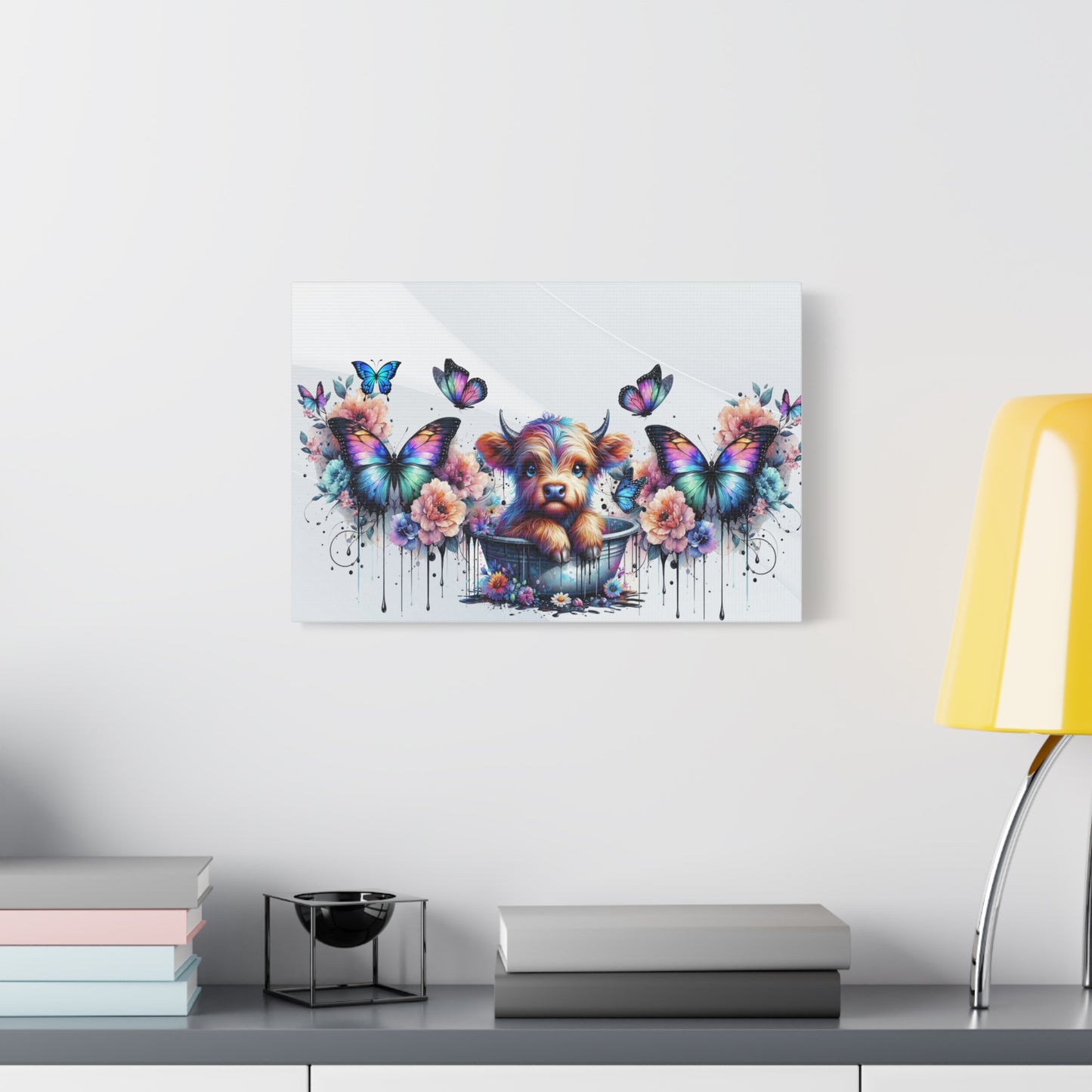 Colorful Highland Cow and Butterfly Canvas Art - Whimsical Home Decor