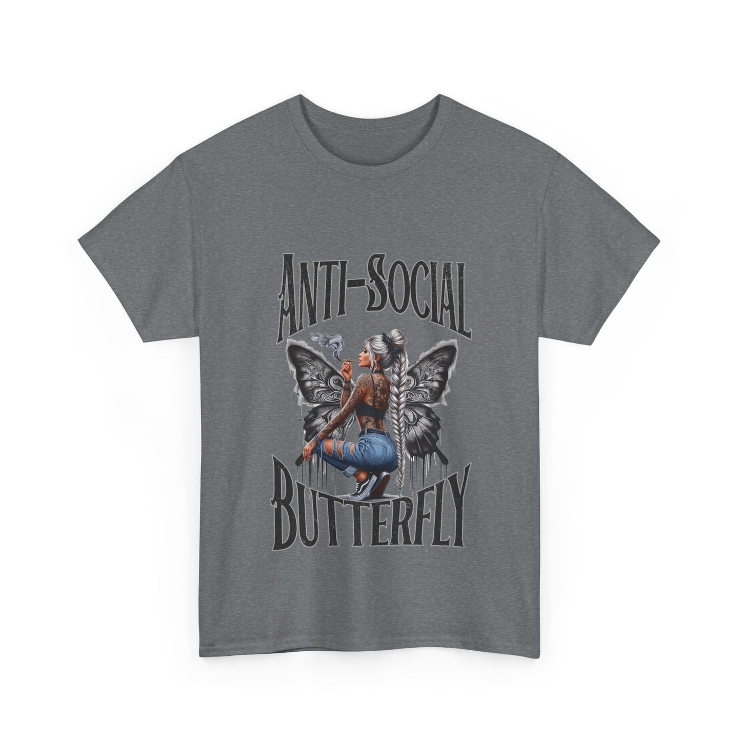 Anti-Social Butterfly Unisex Heavy Cotton Tee - Bold Pink Graphic Tee