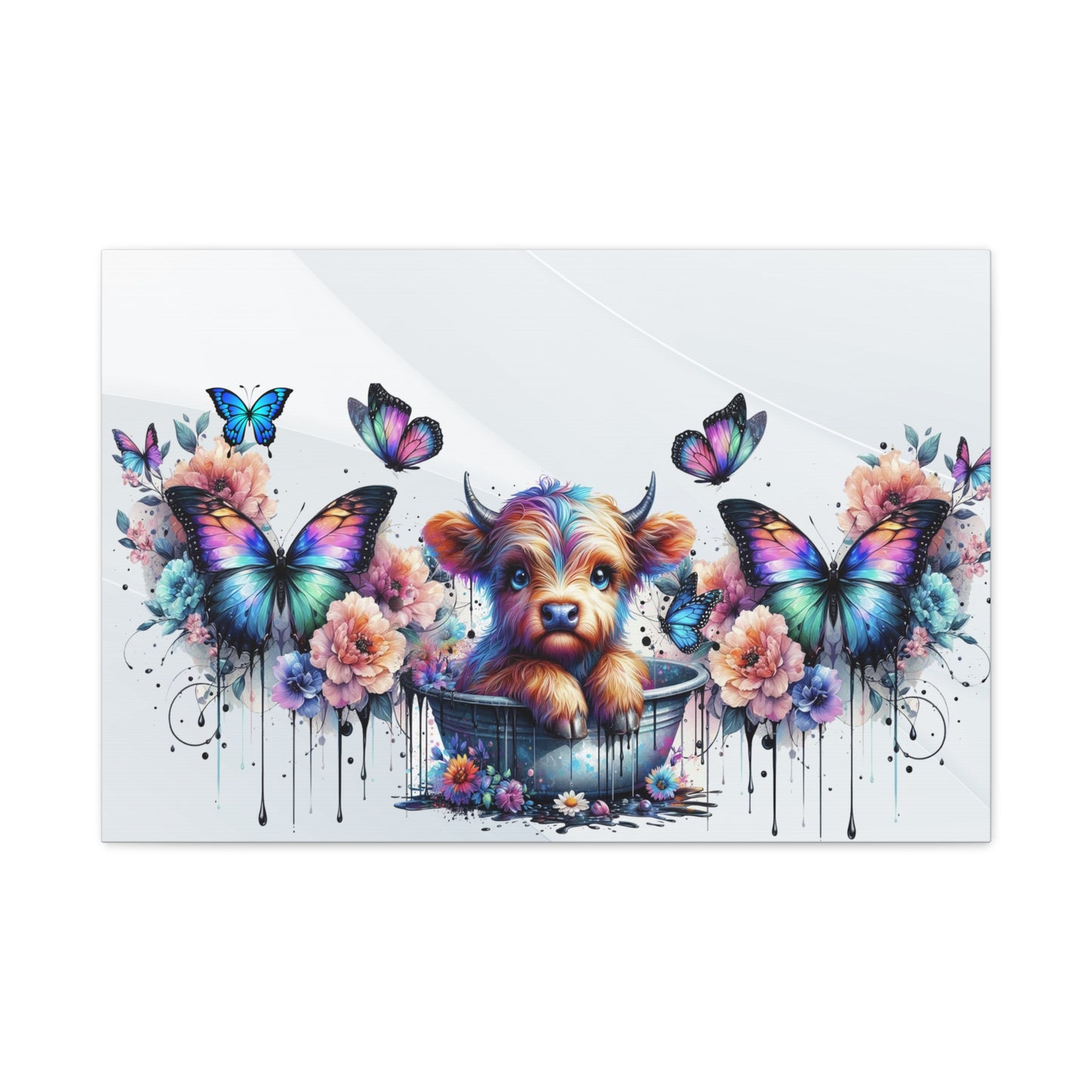 Colorful Highland Cow and Butterfly Canvas Art - Whimsical Home Decor