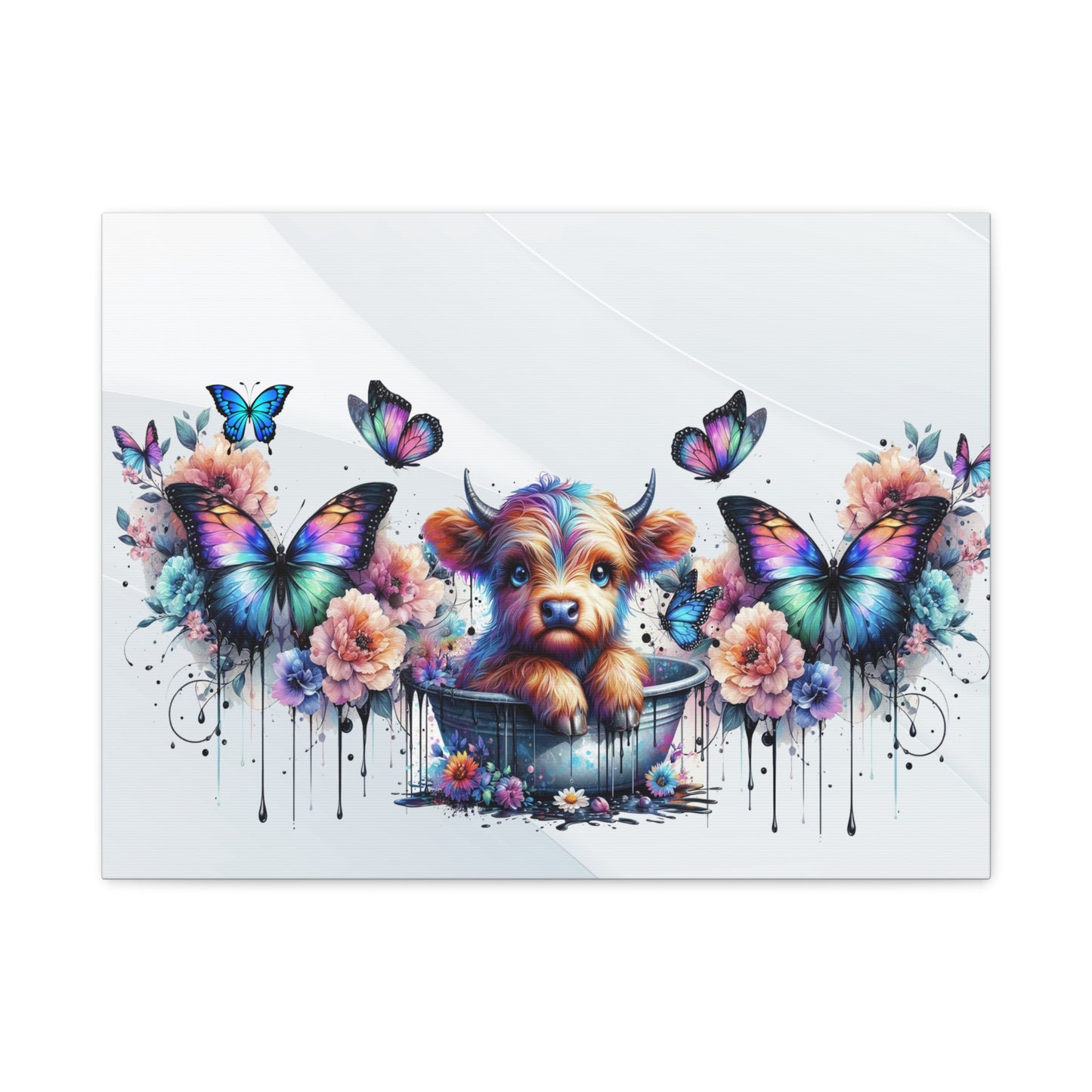 Colorful Highland Cow and Butterfly Canvas Art - Whimsical Home Decor