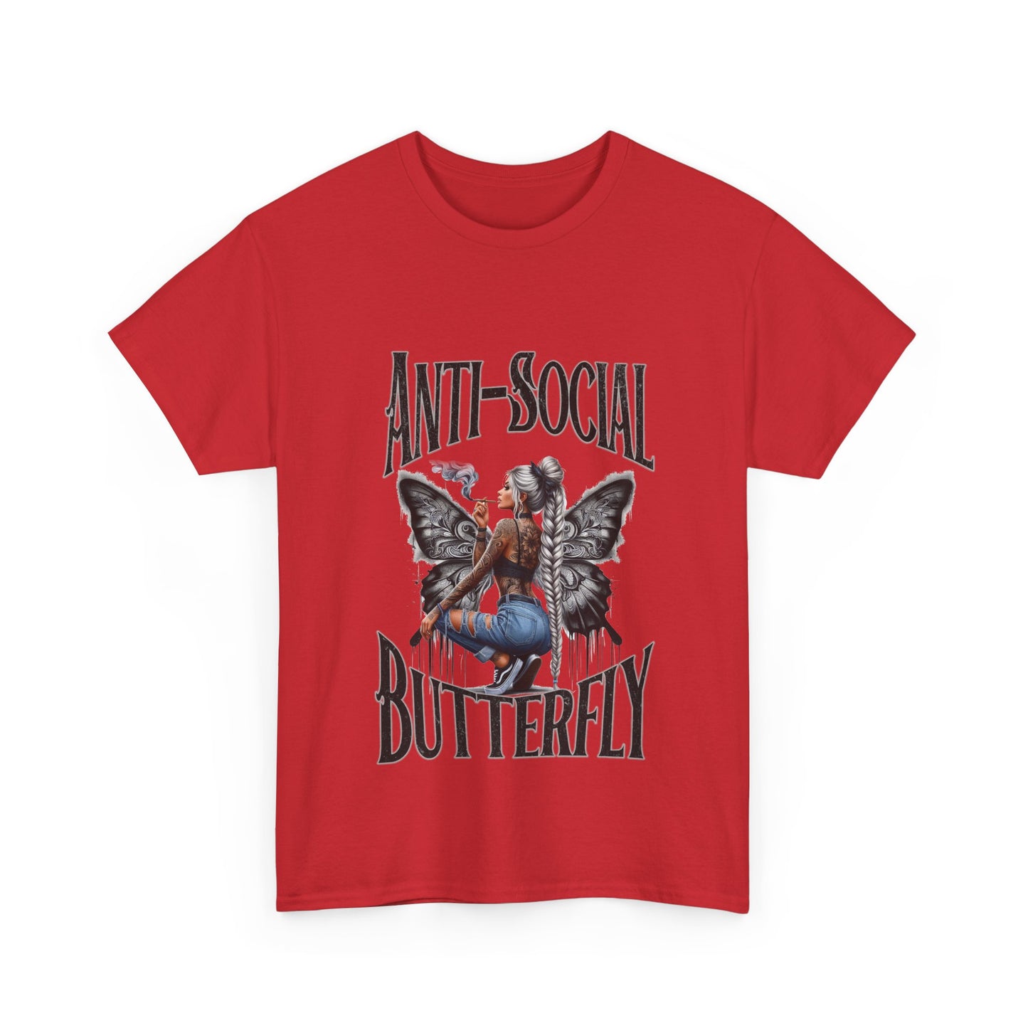 Anti-Social Butterfly Unisex Heavy Cotton Tee - Bold Pink Graphic Tee