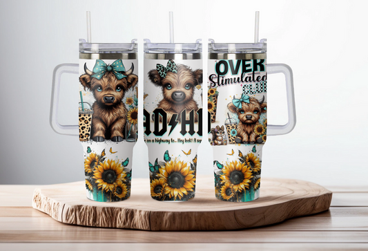 40oz stainless steel double walled Stanley dupe cup with handle- Highland cow ADHD design