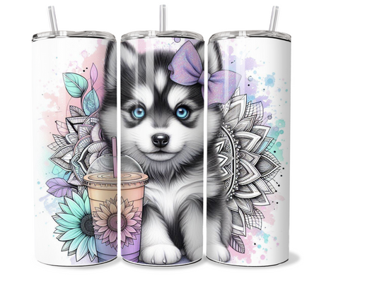 20 oz stainless steel double walled Tumbler, Baby blue eyed Husky