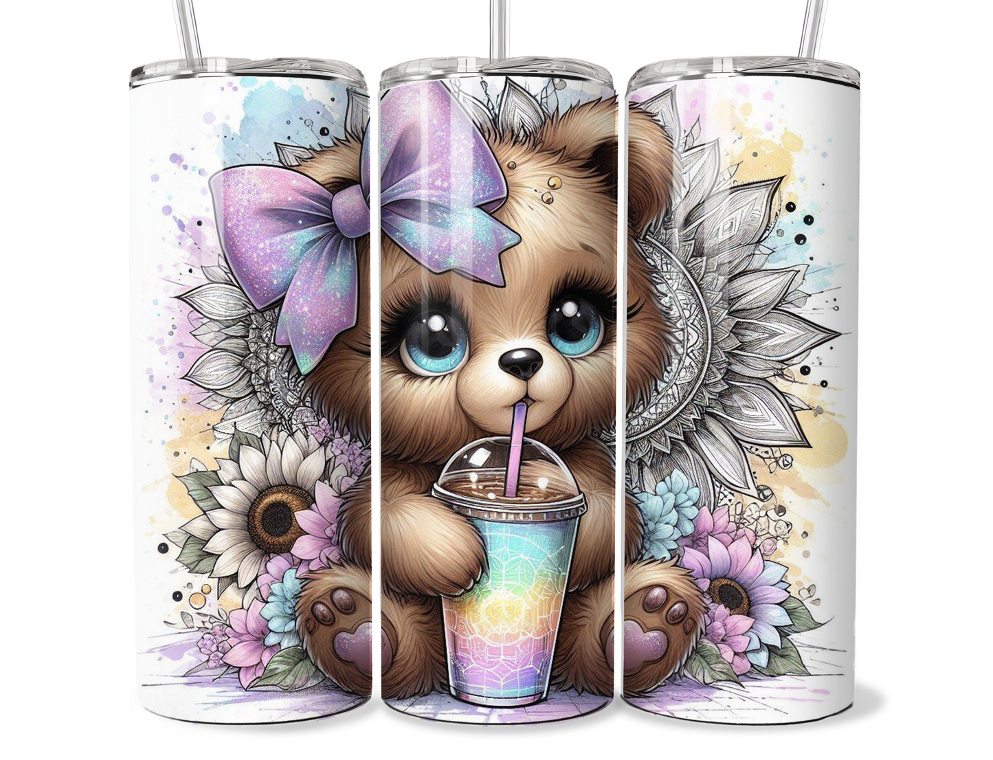 20 oz Tumbler Baby bear design,coffee, bow, pastel colours, mandala