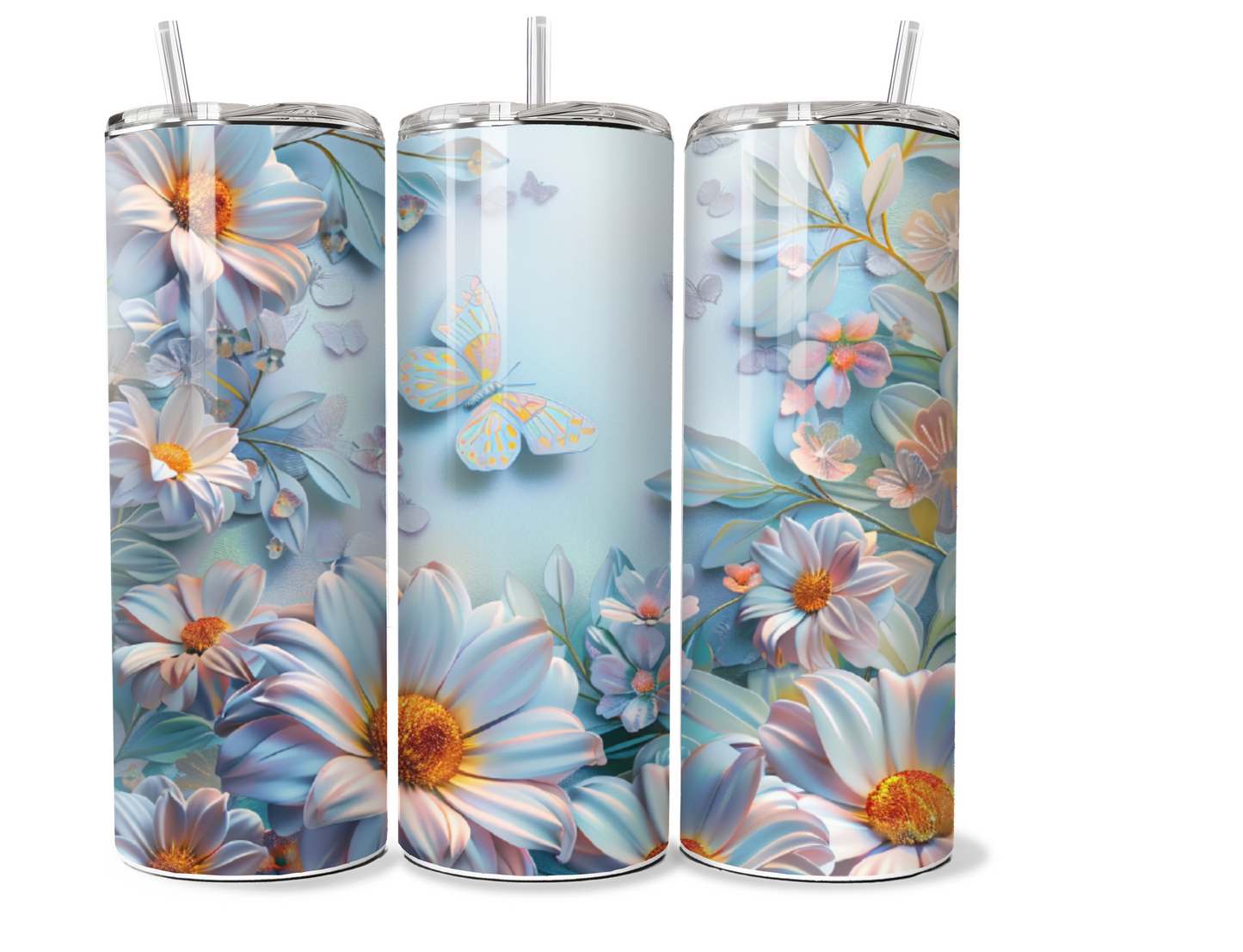 20 oz skinny Tumbler butterfly design, sublimation, insulated tumbler, daisy, 3D