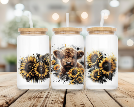 16oz Frosted Glass Libby cup with bamboo lid and glass straw - Highland cow collection